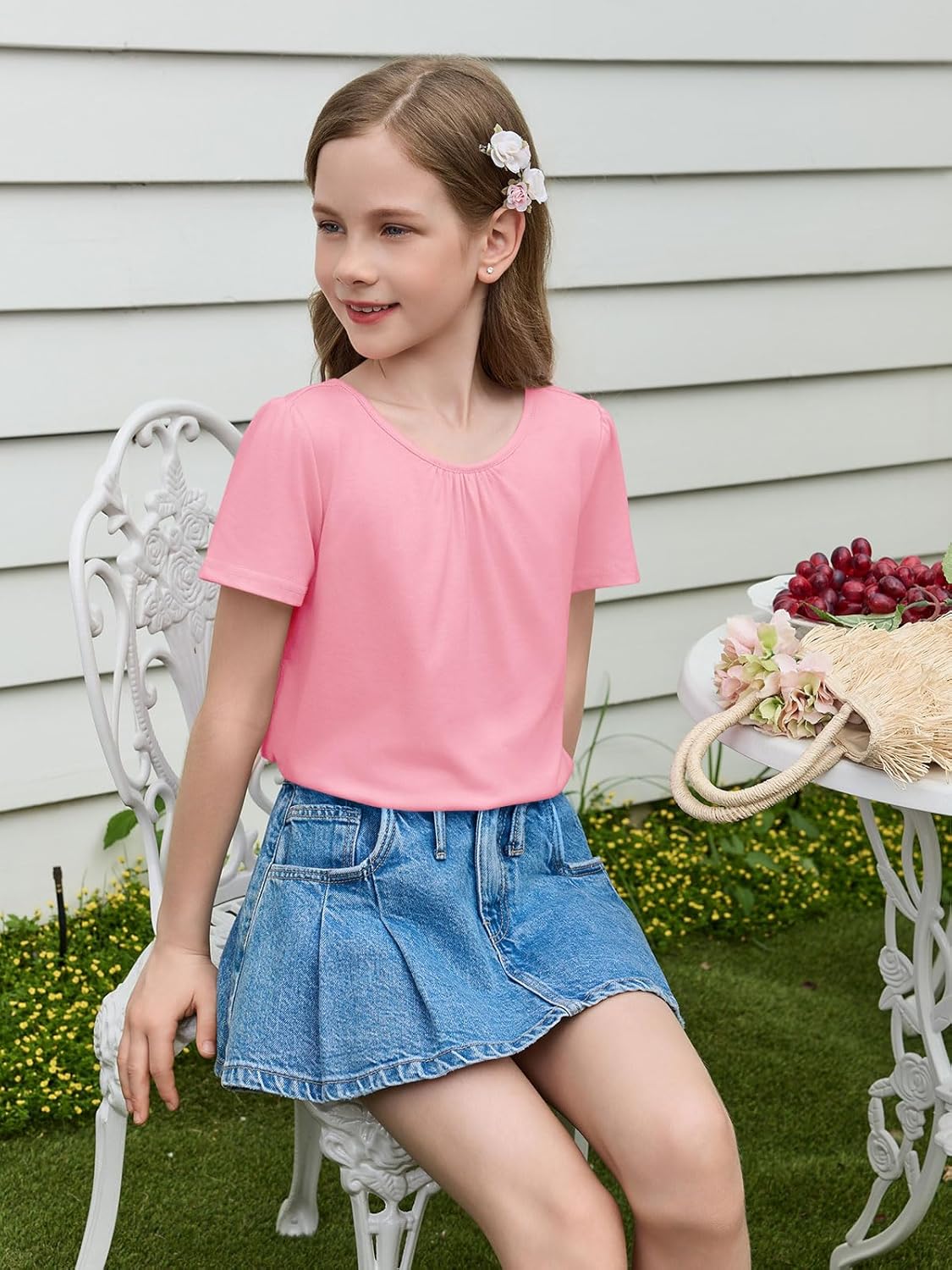 Haloumoning Girls Cross Back Shirts Kids Crewneck Puff Short Sleeve T-Shirt Cute Pleated Tops Tees 5-14 Years - Image 6