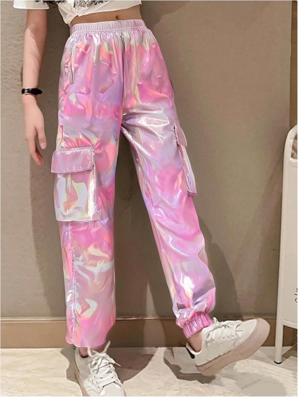 MakeMeChic Girl's Metallic Cargo Pants Jogger Pants Elastic Waist Streetwear Trousers Hip Hop Dance Outfits 8-12 Years - Image 2