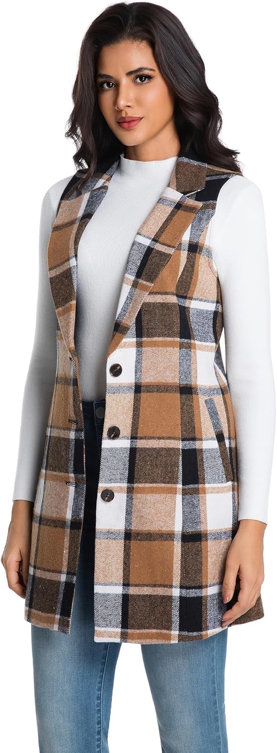 IDEALSANXUN Womens Long Wool Plaid Vest Fall Winter Sleeveless Blazer Jackets Trench Coat - Image 2