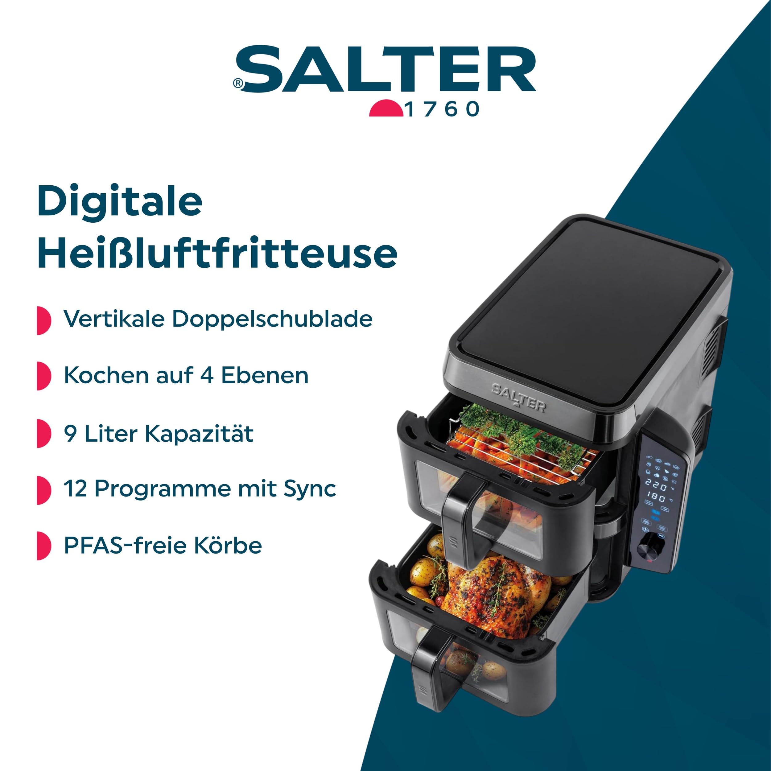 Salter VertiCook View Heißluftfritteuse 9L, Doppelkammer Airfryer mit 2 x 4,5L, Vertikales Design Platzsparend, 12 Programme mit Sync & Match, Kochen auf 4 Ebenen, PFAS-frei