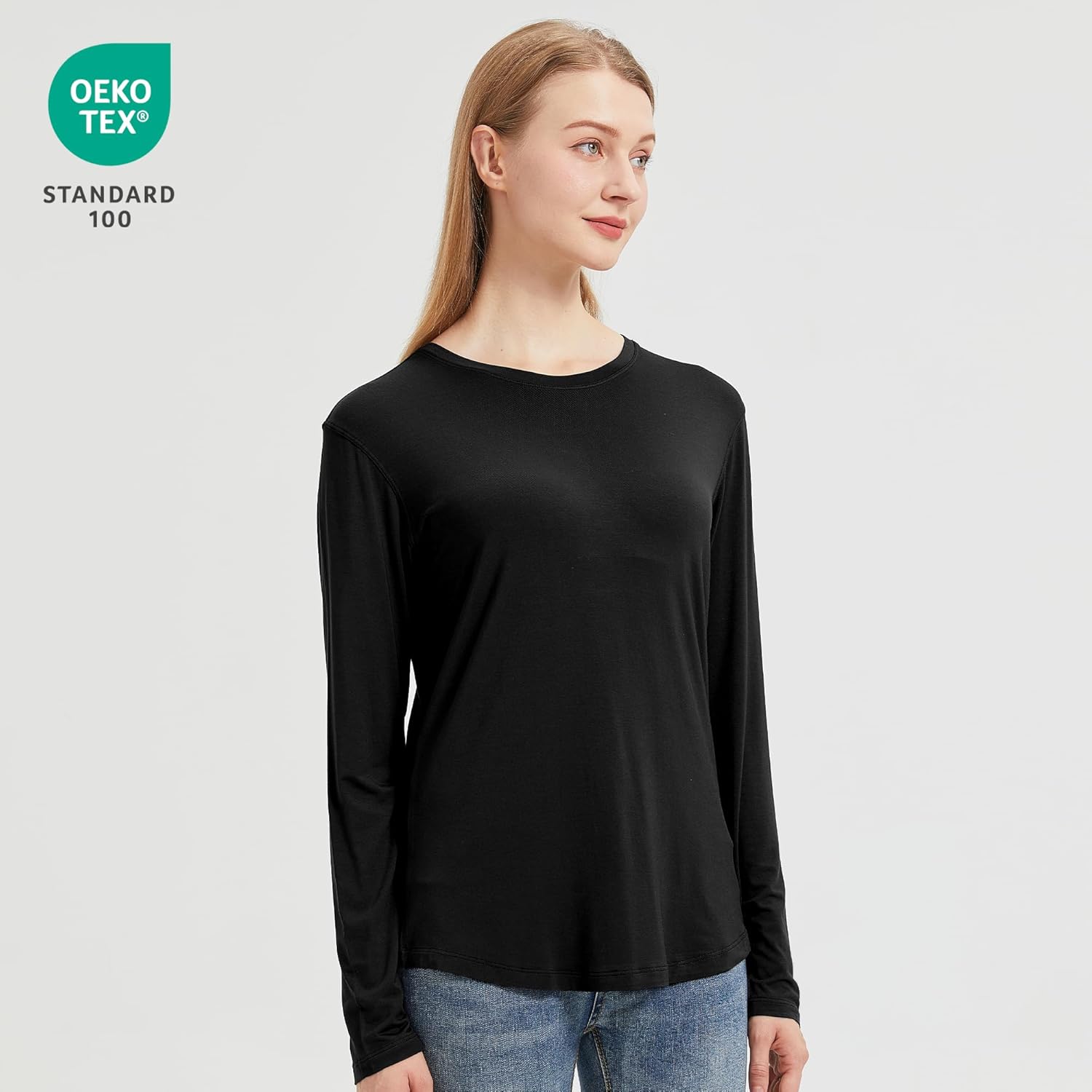 netdraw Women's Lightweight Bamboo Viscose T-Shirt Buttery Soft Curved Hem Long Sleeve Sleep Lounge Pajama Tops - Image 4