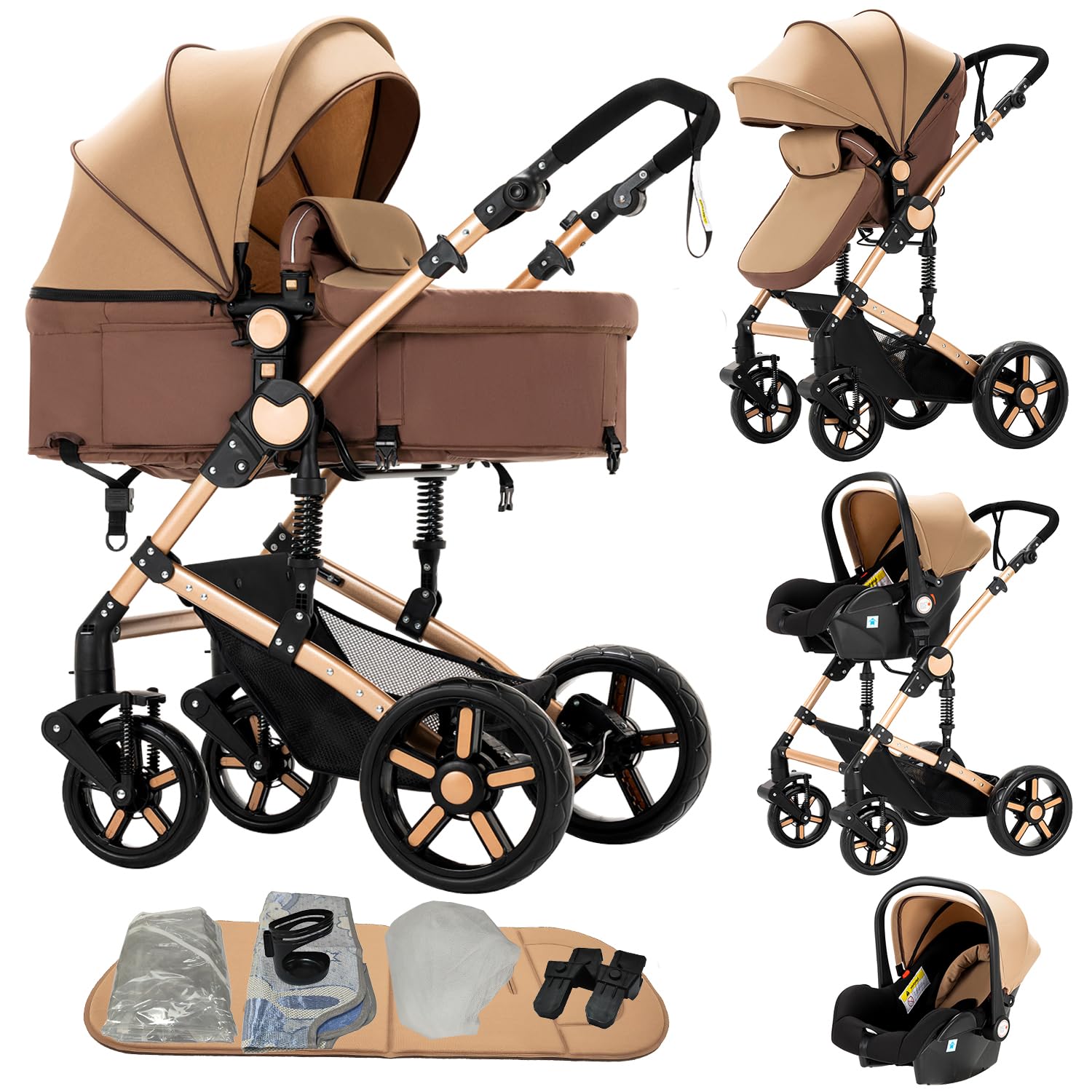 3-in-1 Kinderwagen mit zwei umkehrbaren Schiebemodi, Ein-Klick-Faltdesign und Aluminiumrahmen - Komplettset (588 Khaki)