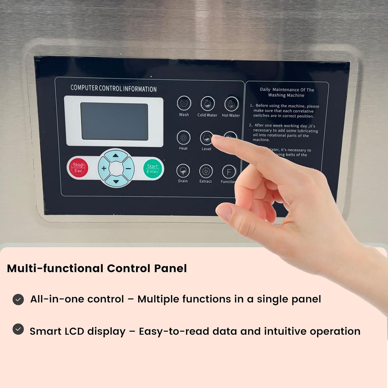 220V 1PH Commercial Industrial Washer - 33LBS (15kg) Dry Capacity, WASH+SPIN 2-in-1 Automatic Laundry Machine