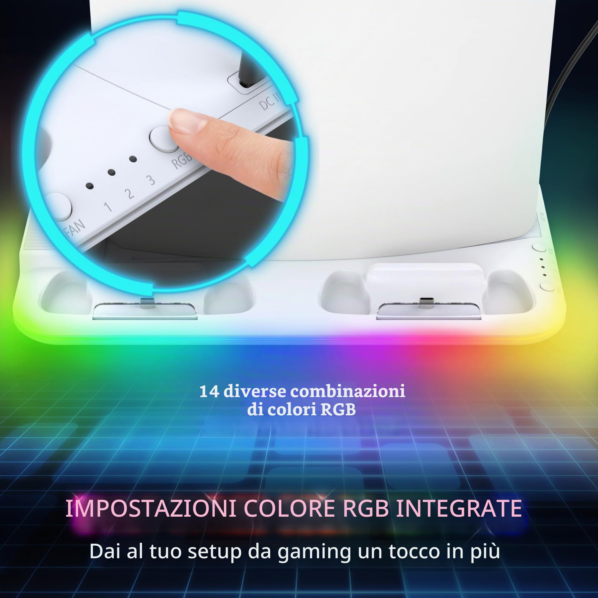 Fosmon - Soporte para PS5 y PS5 Slim e Raffreddamento con Cargador Mando PS5-10 Slots di Gioco e Supporto per Cuffie - con Luce LED RGB - Bianco