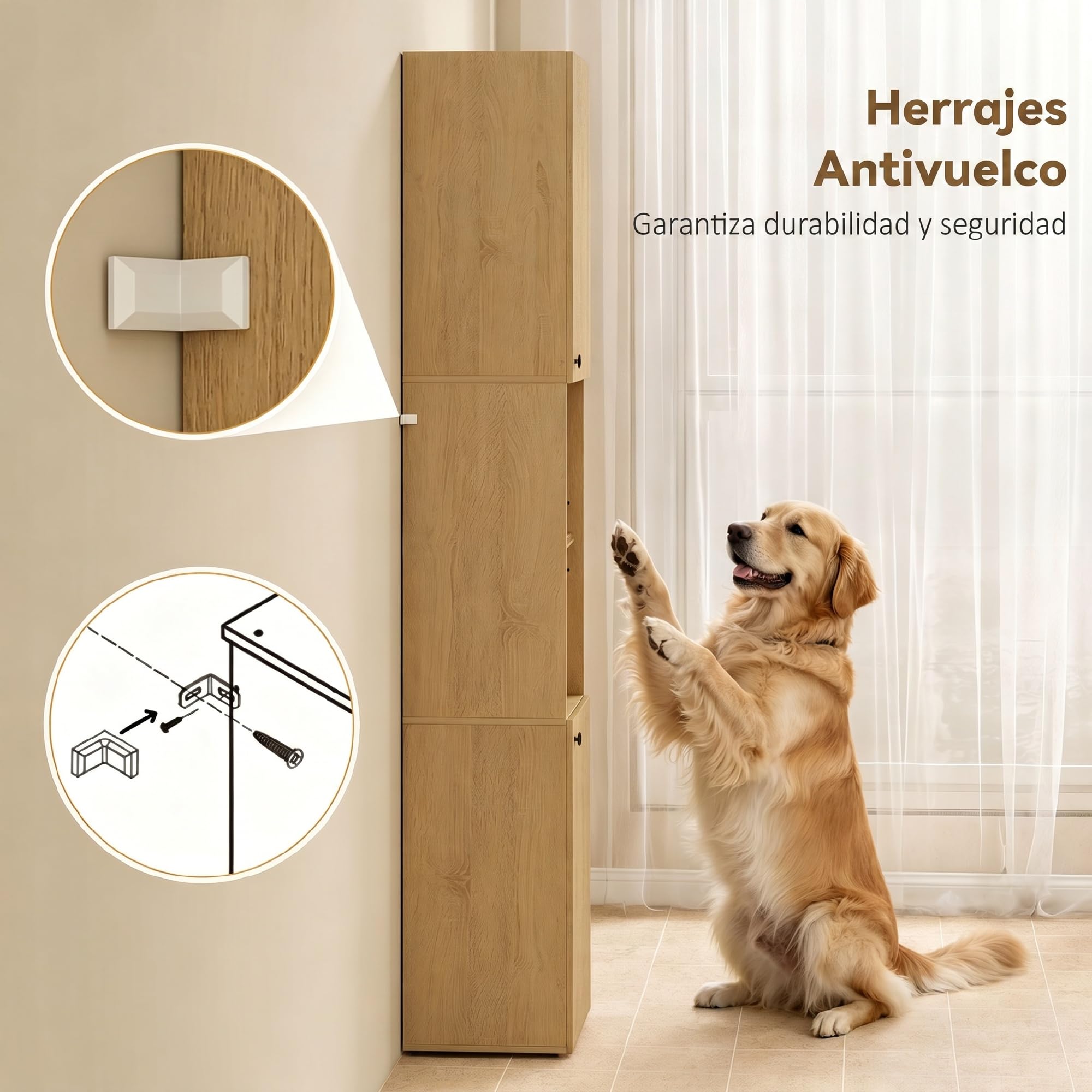 HOMCOM Armario de Baño Alto, Columna de Baño Estrecha de 6 Niveles con 2 Puertas, Estante de Vidrio Templado, Estantes Ajustables, 40x31x182 cm, Roble