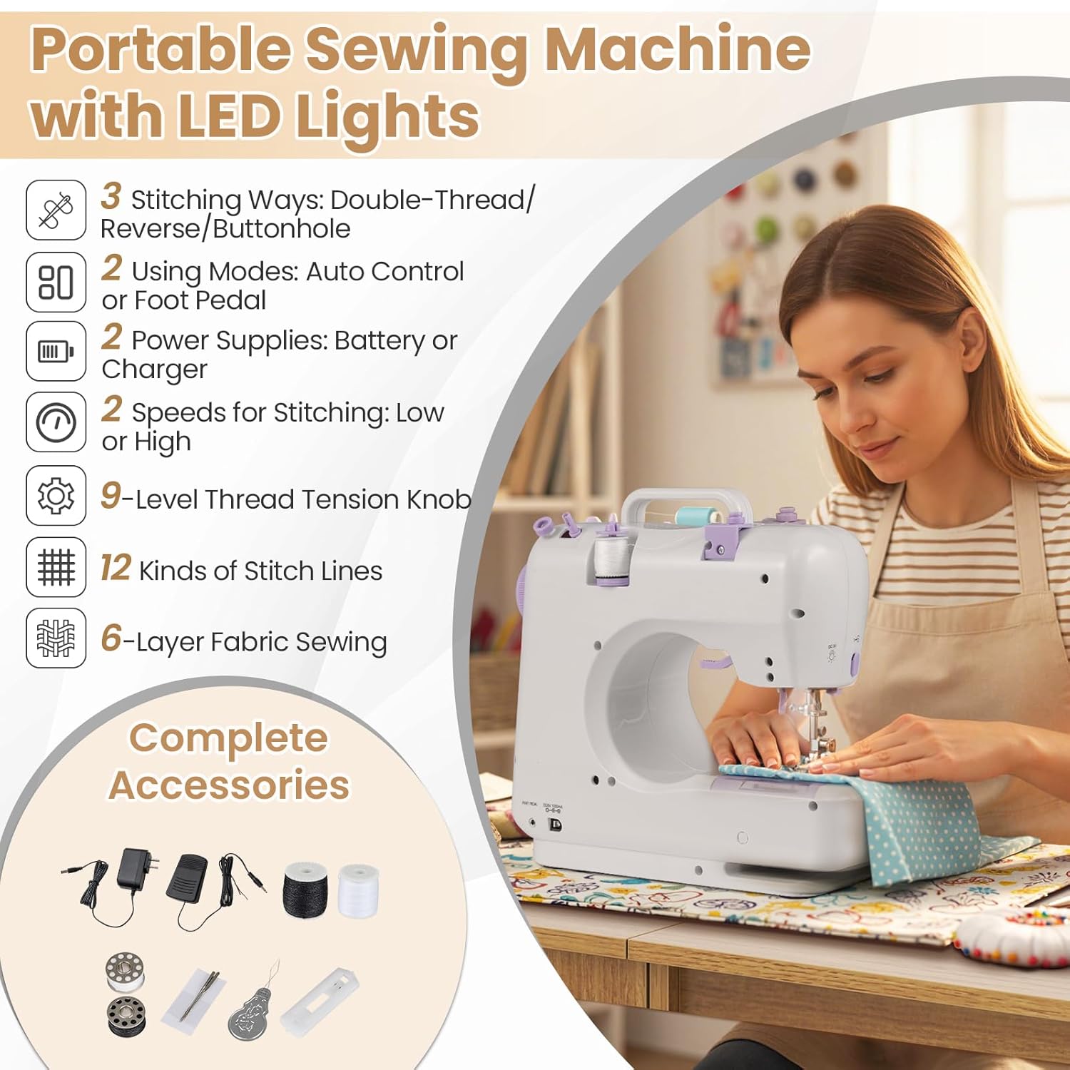 COSTWAY Folding Sewing Table with Portable Sewing Machine, 3 in 1 Drop Leaf Craft Table, Rolling Sewing Machine Desk with Charging Station, 3 Trays, Lower Shelf, 5 Universal Casters (Natural)