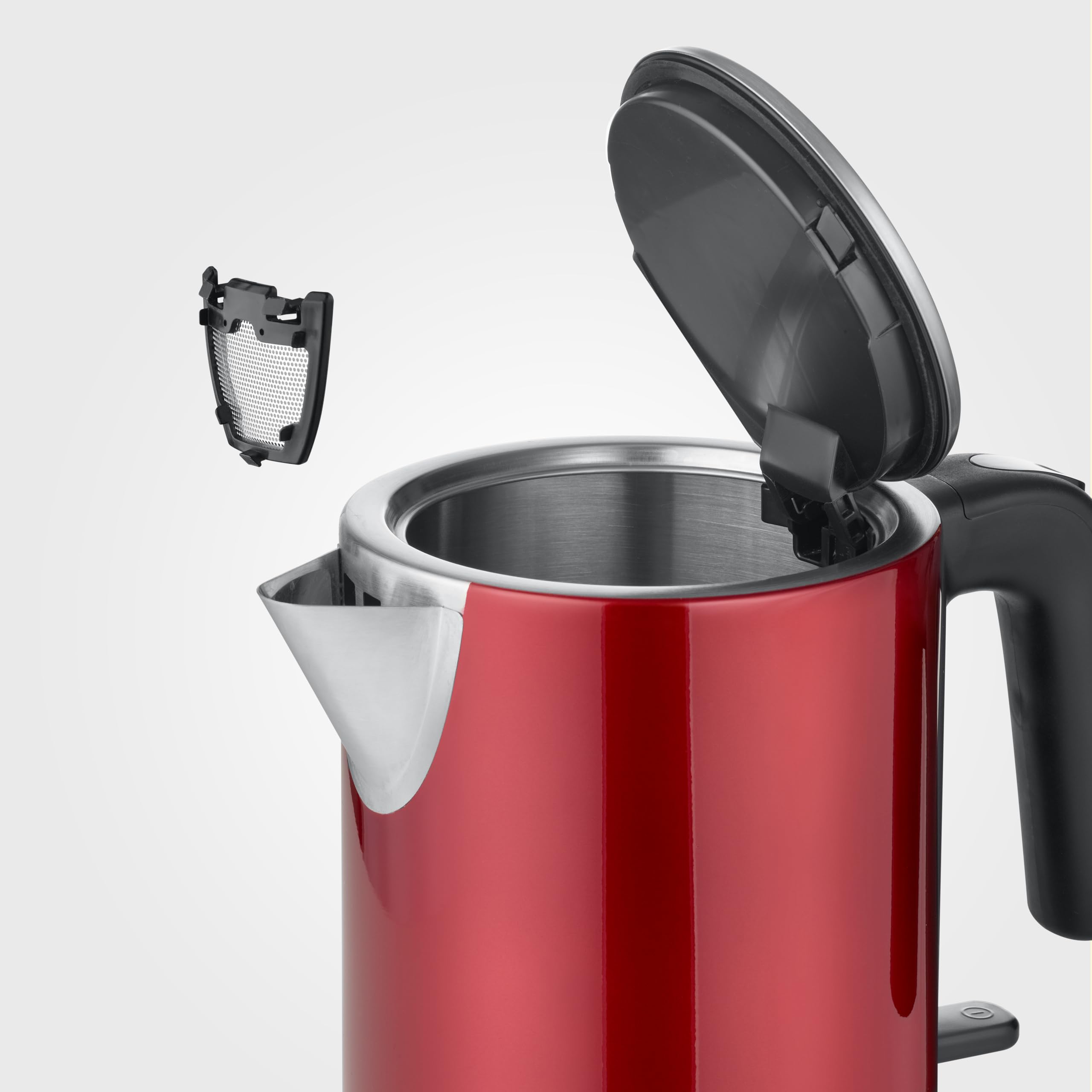 SEVERIN Hervidor eléctrico 1 L, tetera con indicador de nivel de agua, filtro antical, abertura de tapa XXL, potente y compacto, 2.400 W, rojo - negro - acero inoxidable, WK 3427