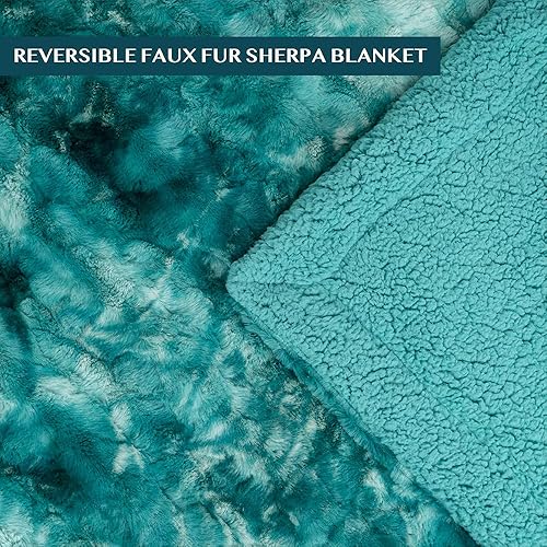 Miniatura 3 de PAVILIA Manta de piel sintética tamaño individual de teñido anudado turquesa, suave y cálida manta Sherpa para cama, manta de felpa gruesa y