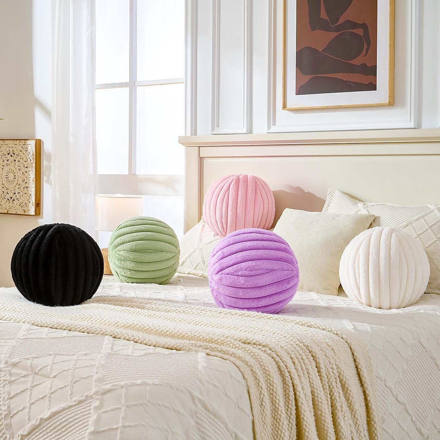 Uvvyui Ball Pillow Round Striped Decorative Throw Cushion Ivory 11.8" | Round Throw Pillows Faux Rabbit Fur Striped Fluffy Spherical Cushion Sphere Shaped Pillow for Aesthetic Room Decor