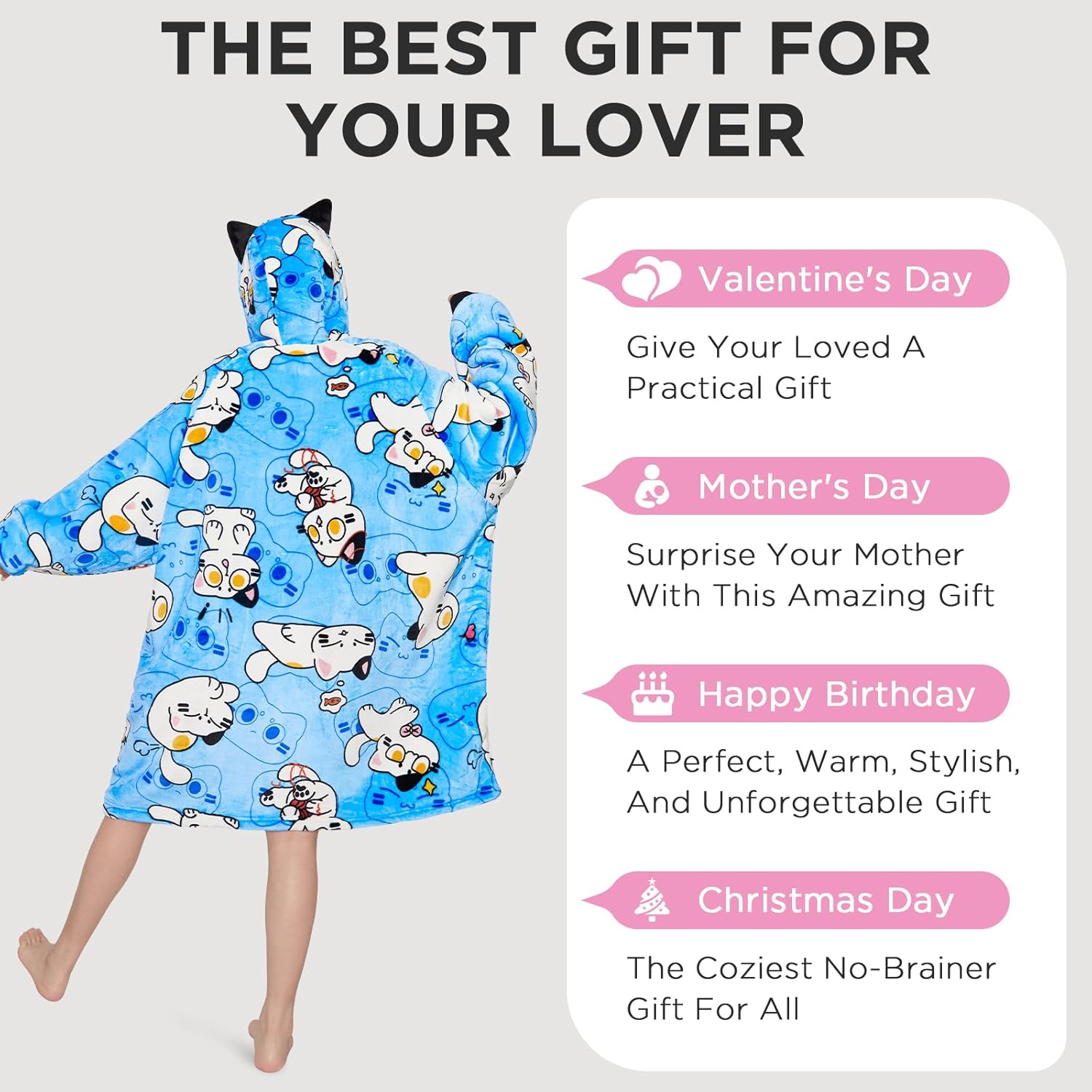 OLAOLA Cat Wearable Blanket Hoodie Snuggies for Adults Oversized Animal Heated Hooded Blanket Throw Comfy Sweatshirt Blanket Hoodie Women Men Sherpa Fleece Snuggy with Pockets & Sleeves for Christmas - Image 7