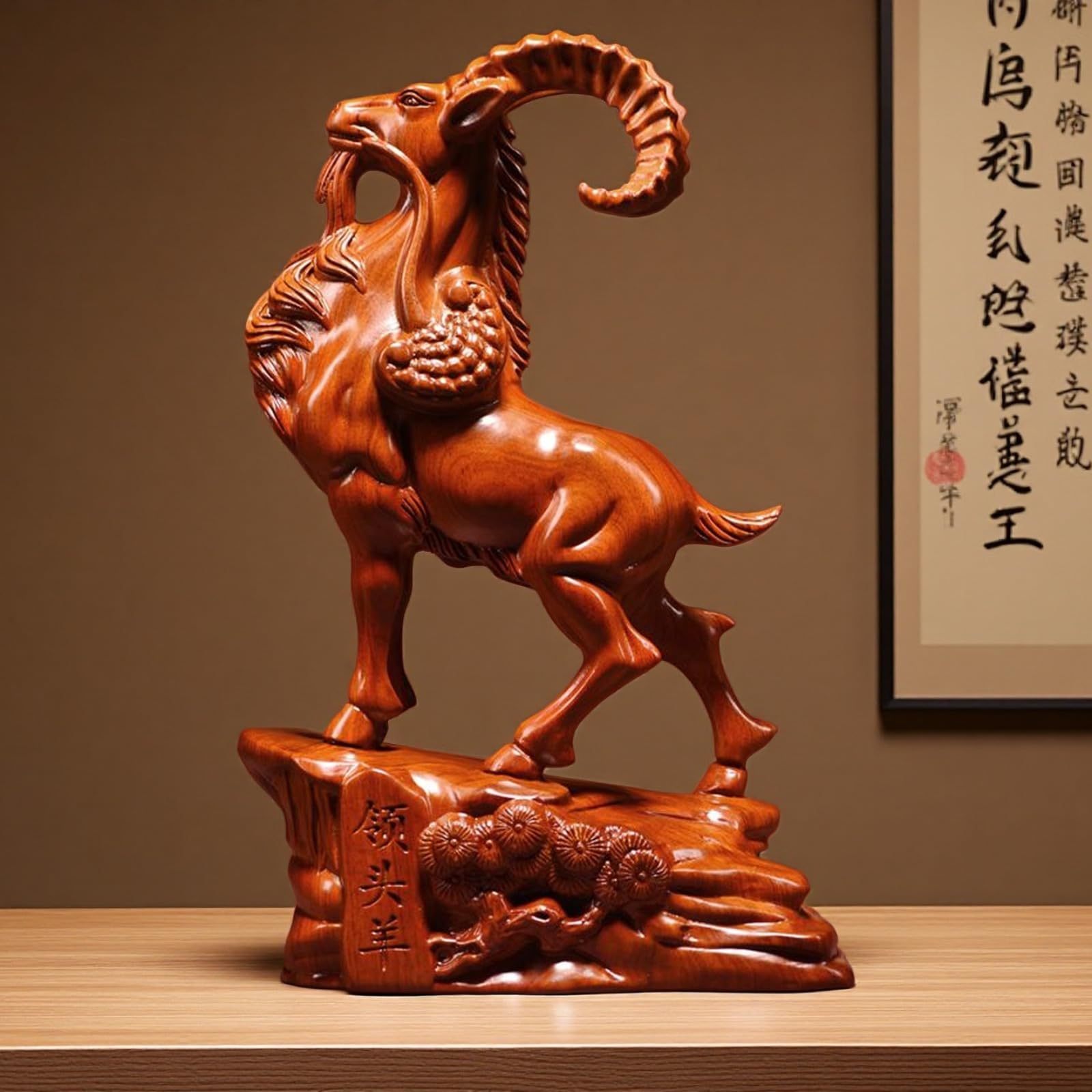 Statue Feng Shui mouton en bois massif sculpté main de 20 cm pour décoration zen