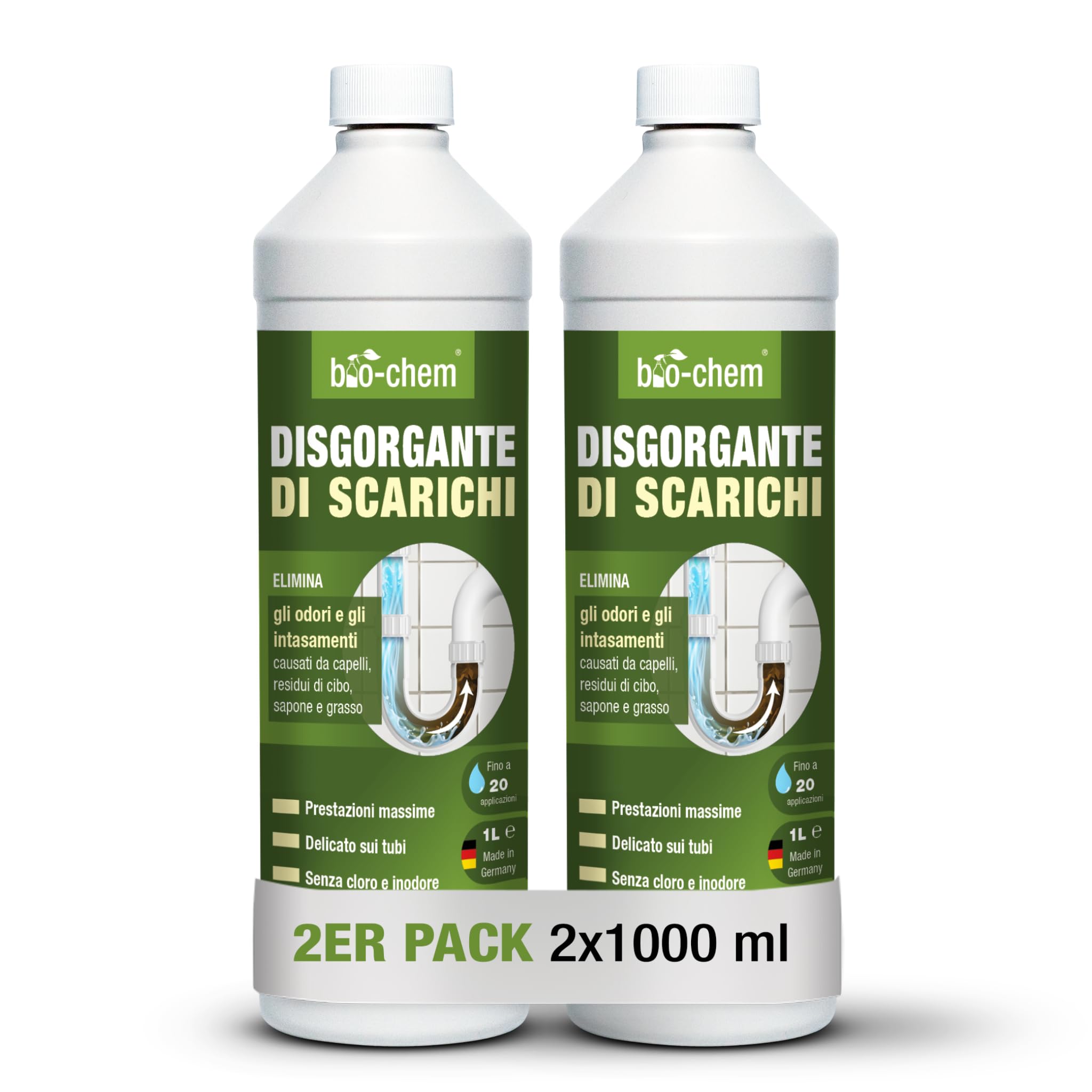 Bio-Chem – Disgorgante professionale per scarichi liquido 2L contro capelli e residui, efficace anche con acqua stagnante, formula concentrata fino a 20 utilizzi