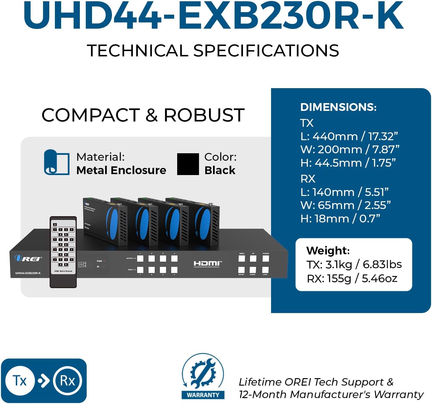 OREI Professional 4K 4x4 HDMI Extender Matrix - HDBaseT UltraHD 4K @ 60Hz 4:2:0 Over Single CAT5e/6/7 Cable with HDR Switcher & IR Control, RS-232 - Up to 230 Ft - Loop Out - 4 Receivers Included