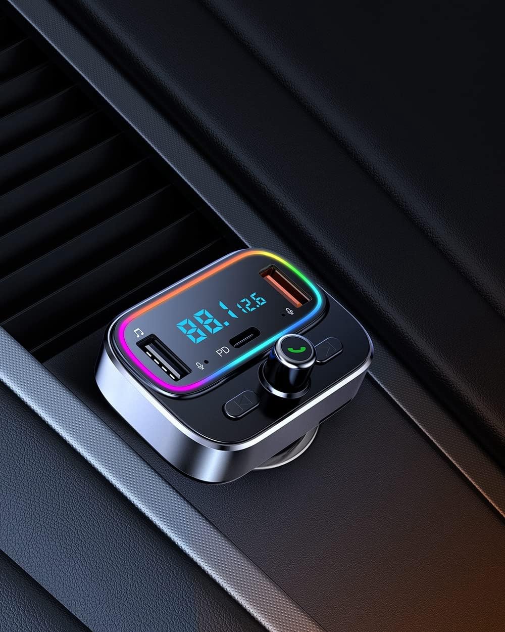 Transmisor FM Bluetooth Dual Micrófono para Llamadas Manos Libres Coche Cargador USB Coche QC 3.0&PD 20 para Todos Los Smartphones, Reproductores de Audio Soporte Tarjetas TF/SD y Disco USB