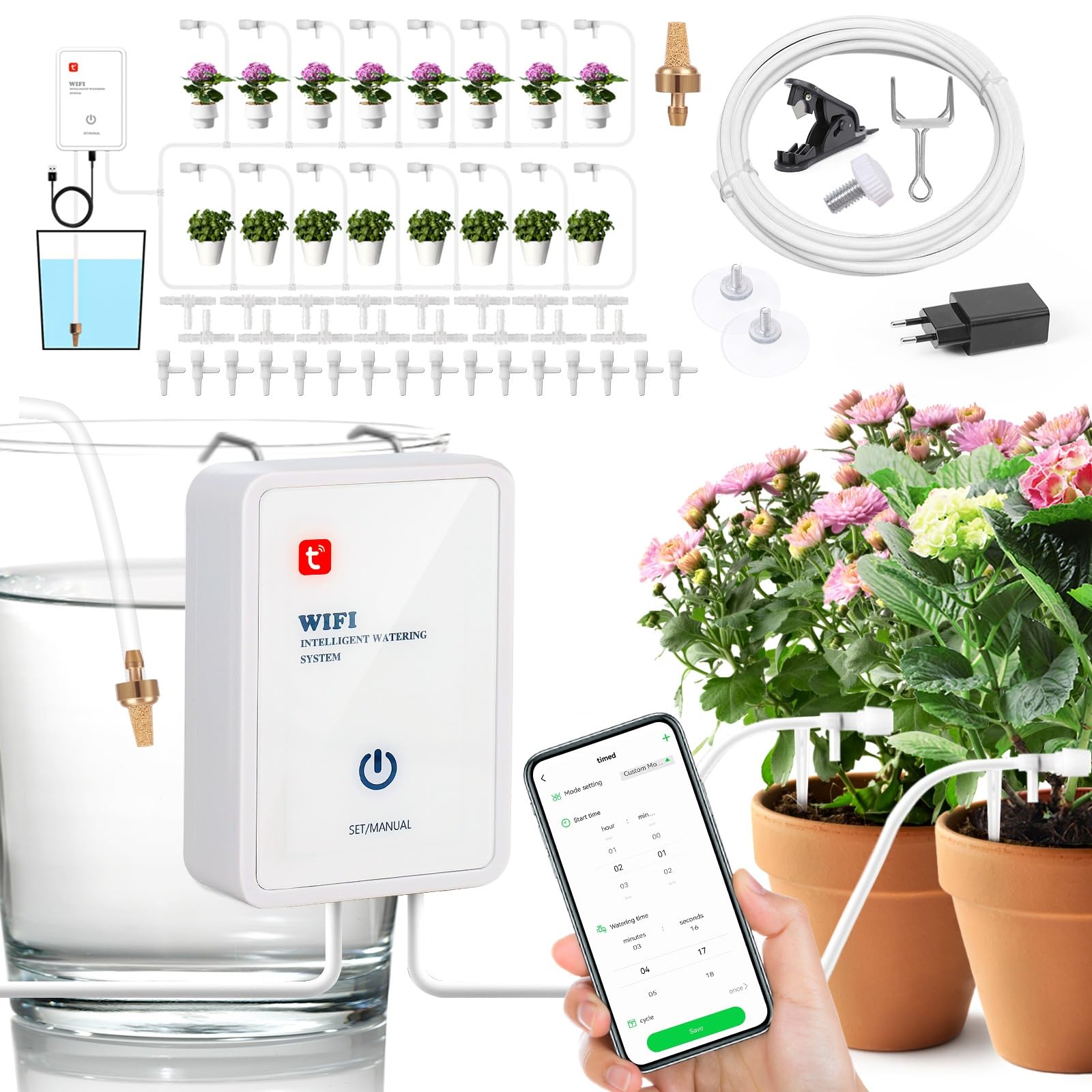 GuKKK WiFi automatyczny system nawadniania, zestaw do nawadniania kropelkowego sterowany za pomocą aplikacji, system nawadniania ogrodu, automatyczny/manualny, tryb Smart do roślin doniczkowych