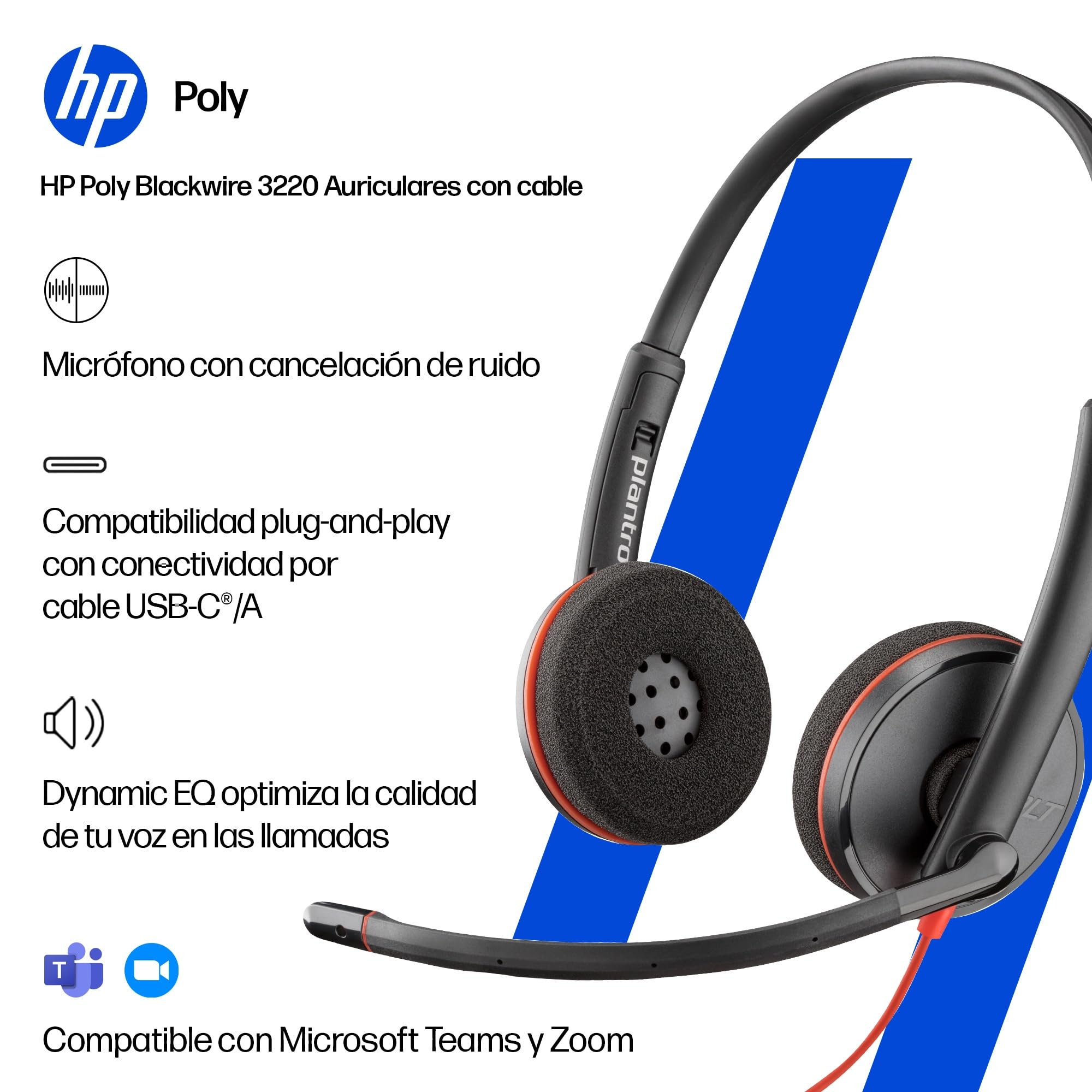 Auricular Poly Blackwire 3220 con cable - Micrófono con cancelación de ruido - Diseño estéreo - Conexión a PC/Mac mediante USB-C o USB-A - Funciona con Teams y Zoom