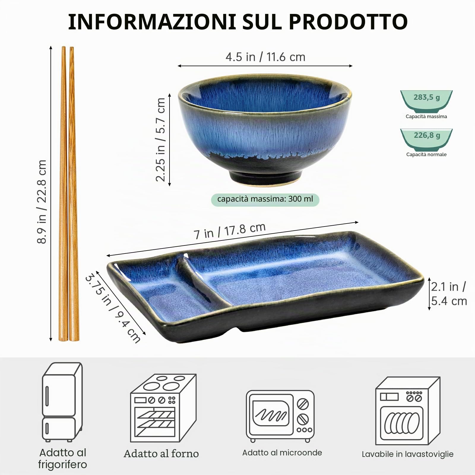 HENXFEN LEAD Set di stoviglie per sushi, set di stoviglie giapponesi per zuppa di miso Maki Sushi Rice con 2 piatti da sushi, ciotole, paio di bacchette, blu navy