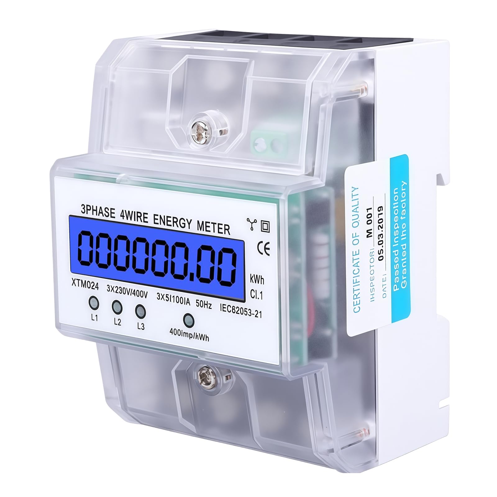 BAIFULAI Licznik prądu 3-fazowy, 4-przewodowy, licznik prądu trójfazowego 230/400 V 3 x 5-100 A, cyfrowy licznik prądu LCD, licznik pośredni, szyna montażowa do szyny montażowej DIN, licznik pośredni
