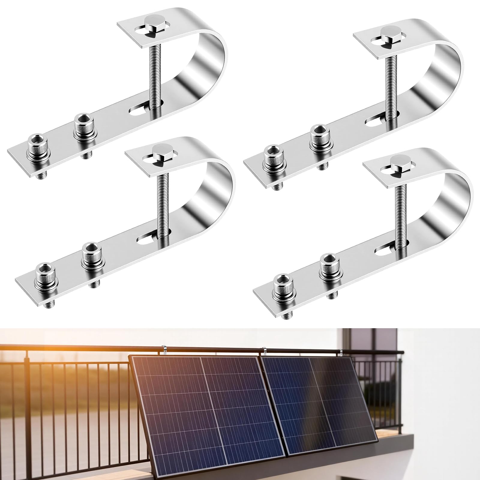 GETLITOOL 4PCS Crochets Balcon Solaire Inox 304 Fixation Panneau Solaire sans Perçage,Crochets de Fixation pour Balcon/Toit/Garage,Crochets de Montage de Panneaux Solairesrobustes
