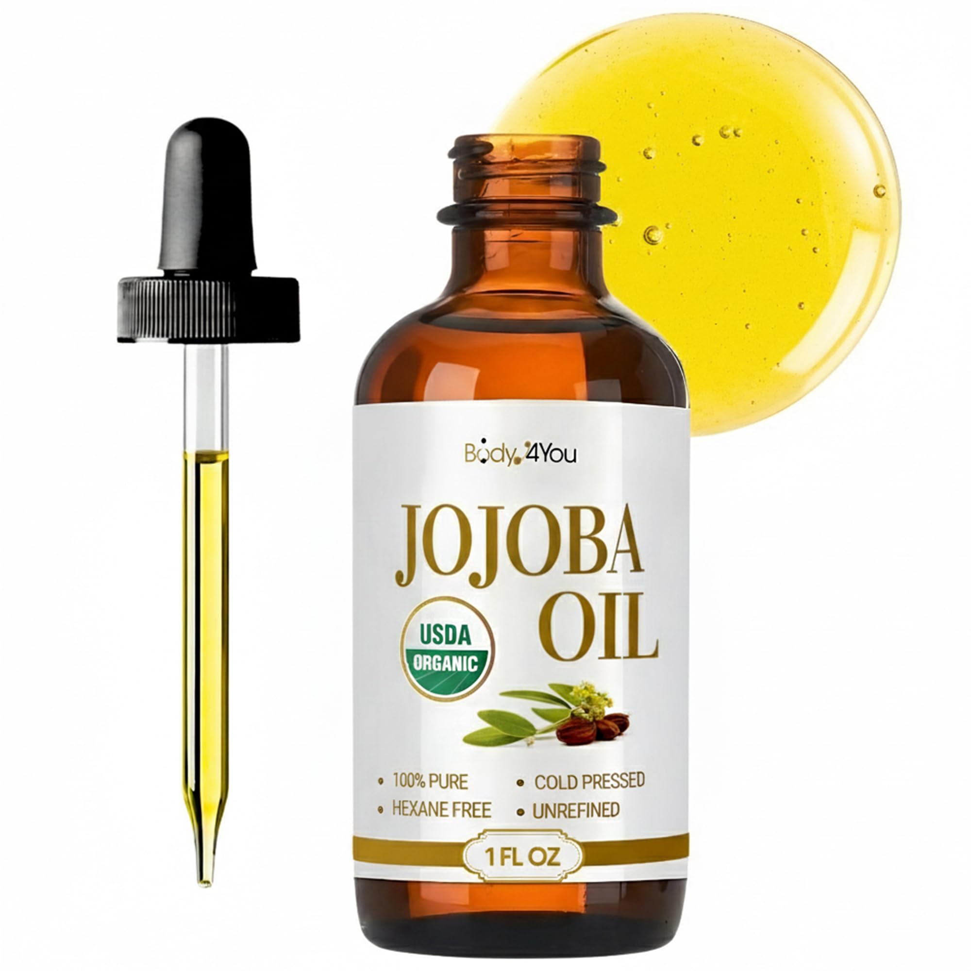 BodyJ4You Organic Jojoba Oil for Skin - USDA Organic 100% Pure Natural - Face Skin Gua Sha Facial Dermaplaning Hair Scalp Massage - Unrefined Cold Pressed Hexane Free - Base Carrier Wax - 1 Fl OzUSDA Organic