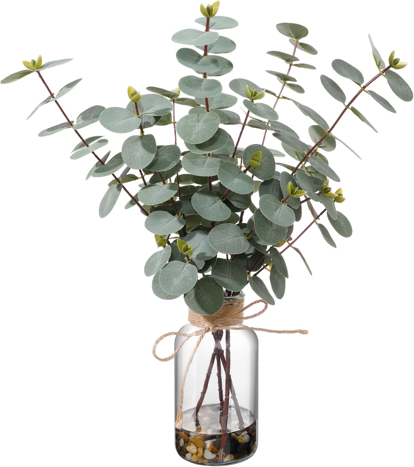 15.74” Artificial Eucalyptus Stems in Glass Vase with Faux Water & Natural Stones, Lifelike Fake Greenery for Modern Farmhouse Home Decor, Bathroom Decor, Office Desk Centerpiece