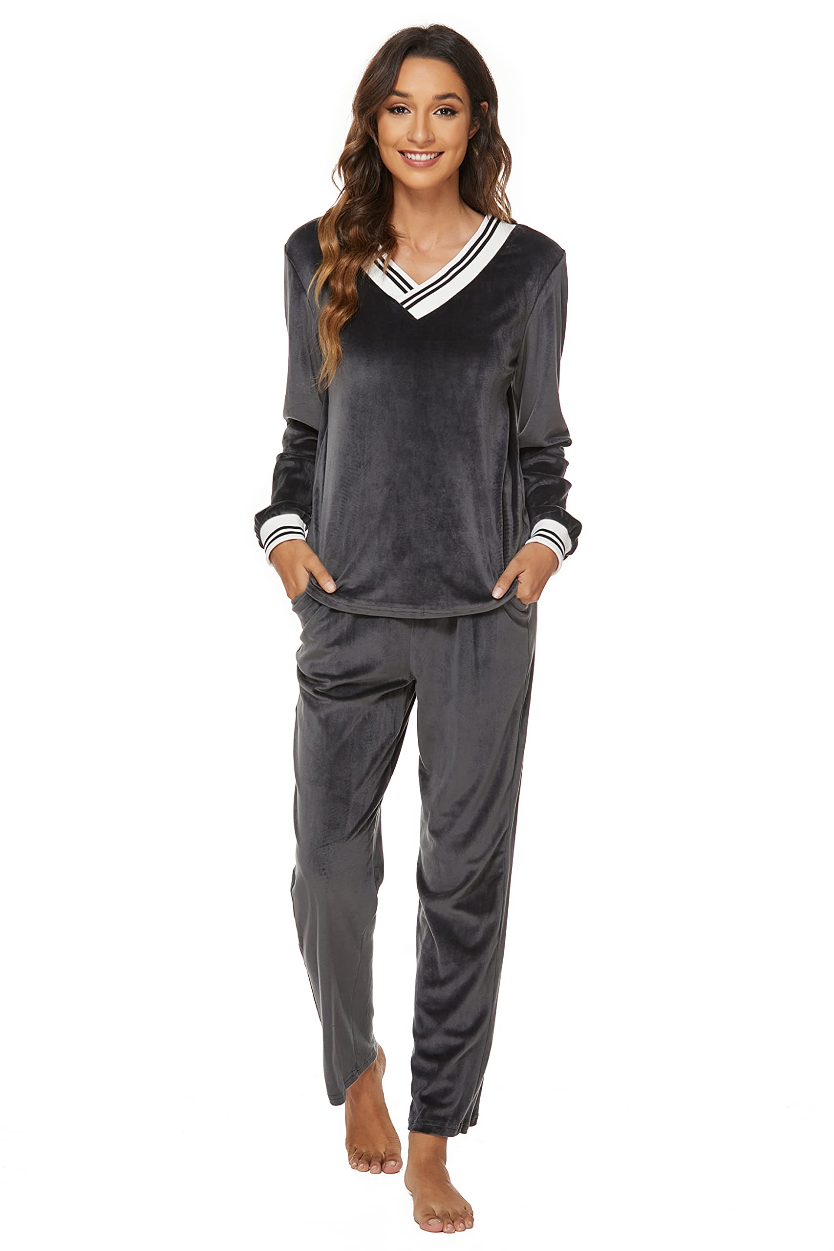 Welurowy dres treningowy, damski piżama, dwuczęściowy dres do biegania, dres sportowy, zimowy dekolt w serek, sweter i spodnie, komplet piżamowy Nicki, szary, S