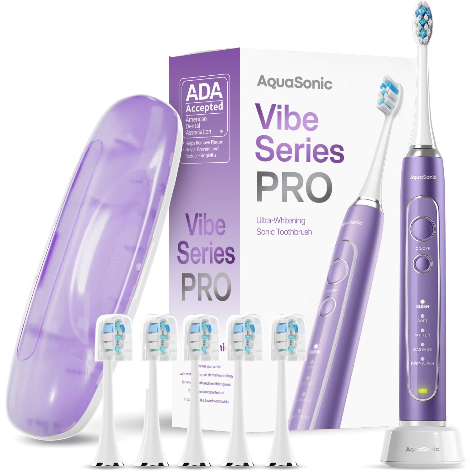 Aquasonic Vibe Series PRO – Ultra-Whitening Electric Toothbrush – 5 Modes &amp; Smart Timers – Premium Travel Case &amp; 6 Proflex Brush Heads – ADA Accepted Toothbrush (Satin Violet)