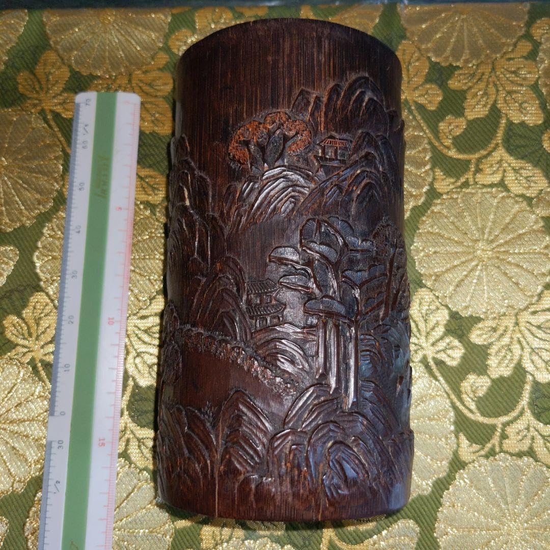 中国骨董 彫刻筆筒 山水図 黒 時代品 最終価格】 中国骨董 彫刻