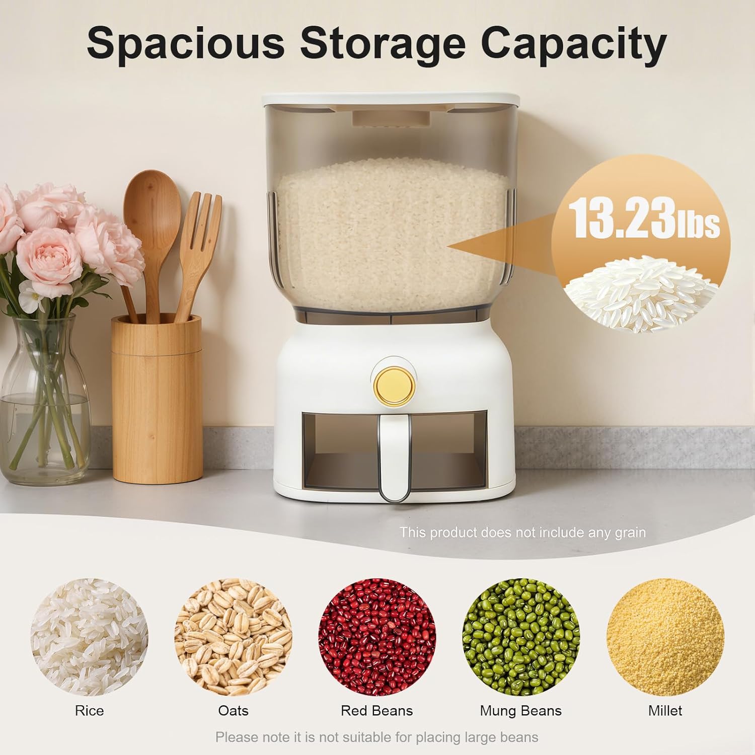 13.23 Lbs Rice Dispenser, Square Large Sealed Grain Storage Container with Rice Cup Food Dispenser Kitchen Organizer Small Pantry Food for Rice, Beans, Grains, Cereal Dry Food