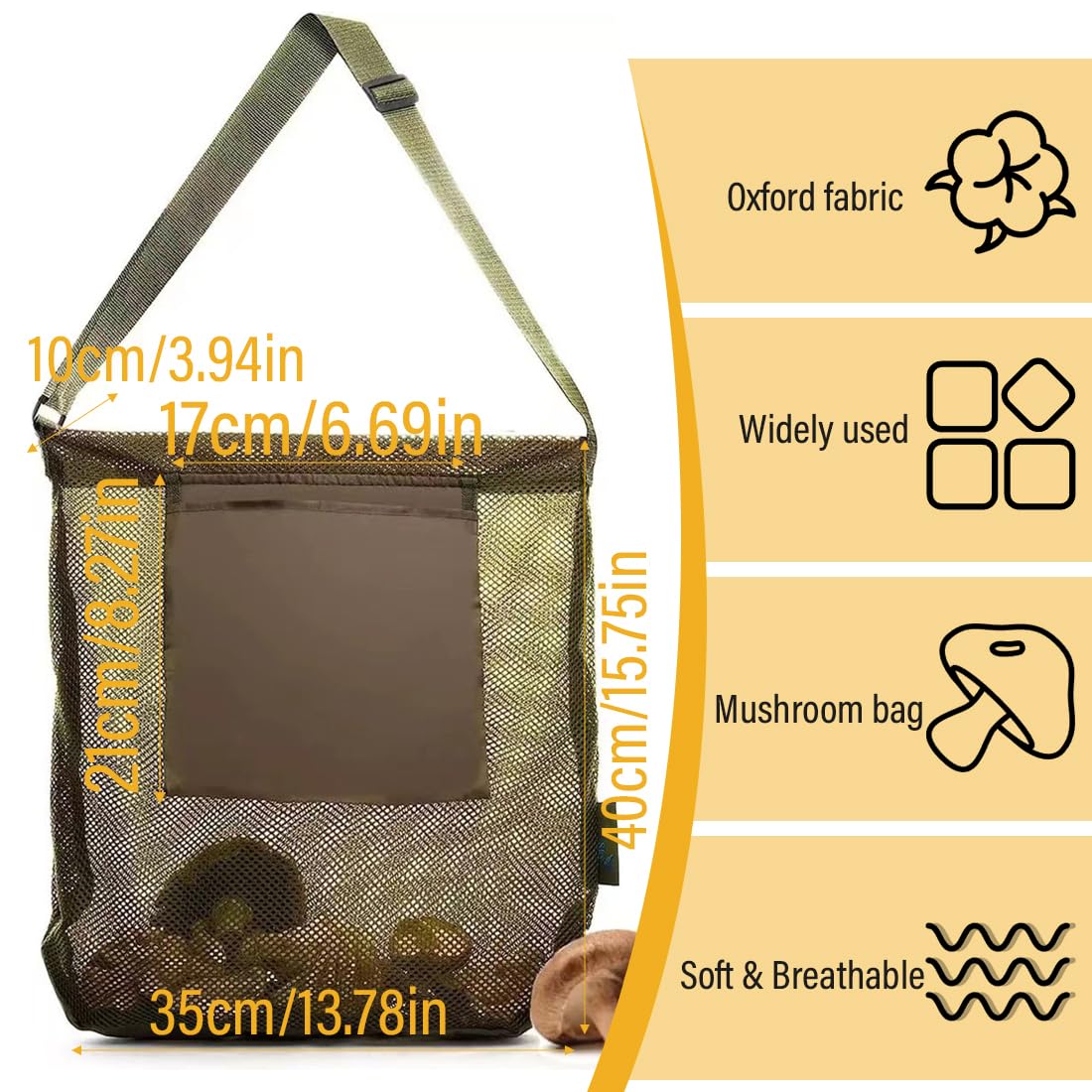 Borsa per la raccolta funghi verdi in rete con tracolla regolabile, borsa da picnic