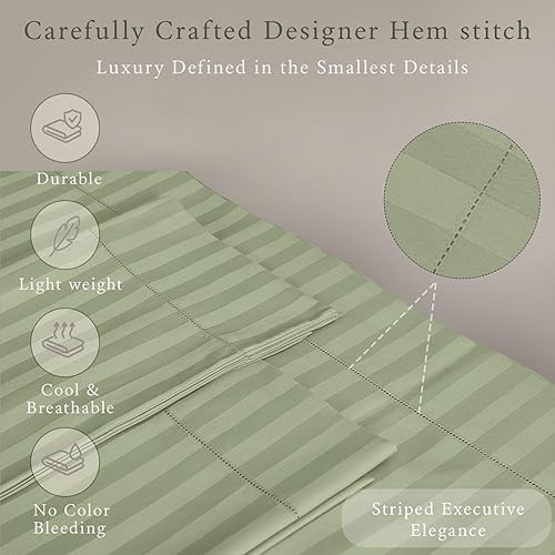 Miniatura 4 de Threadmill Juego de ropa de cama de algodón de lujo de 500 hilos tamaño matrimonial, 4 piezas, sábanas transpirables color verde salvia con bolsillo