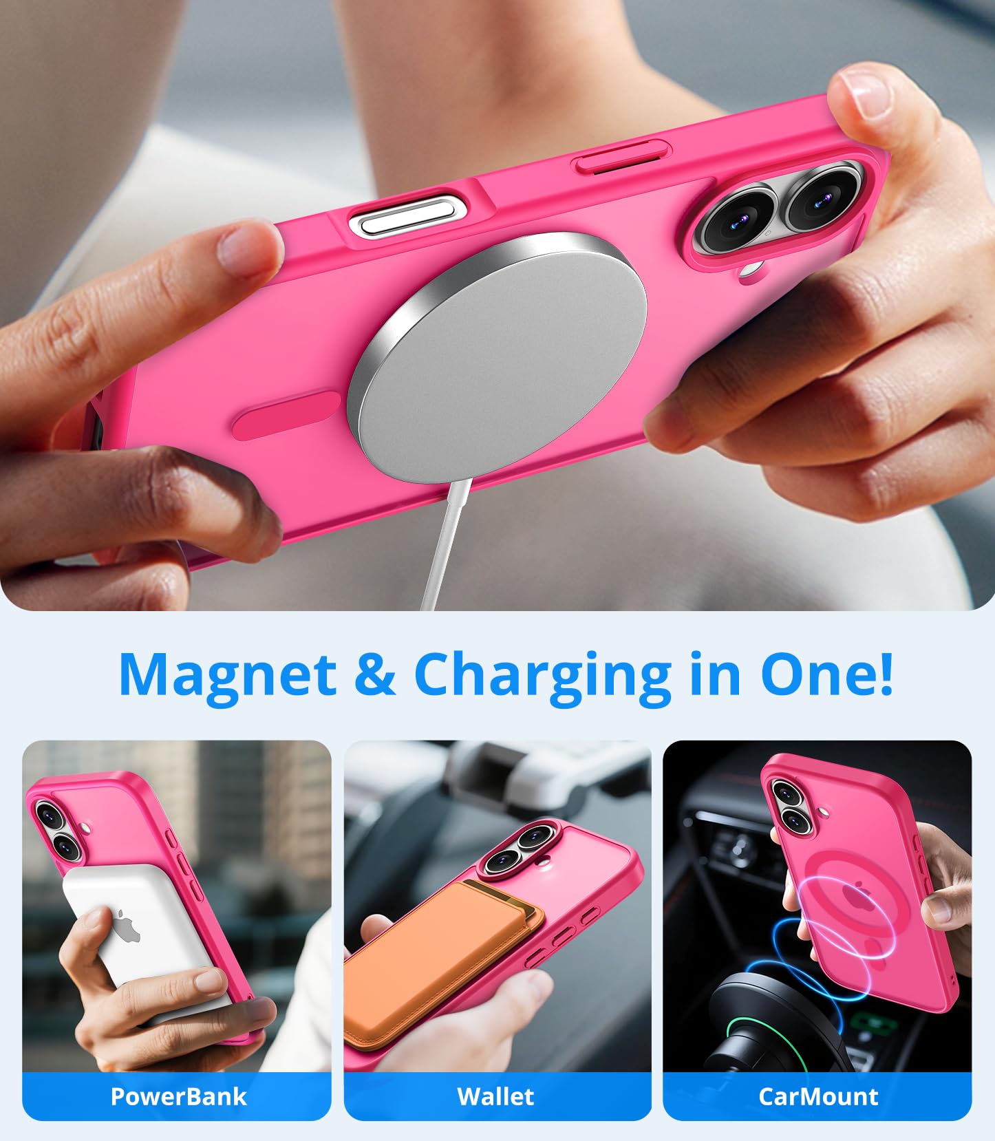 Vansdon Cover Magnetica per iPhone 17 con 1 Pezzi Vetro Temperato, Compatibile con Magsafe, Protezione anticaduta di livello militare, Custodia Traslucida Opaca Sottile Antiurto-Rosa shocking