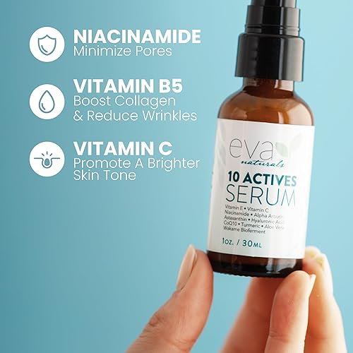 Miniatura 4 de Eva Naturals Suero 10 Actives – Vitamina C, niacinamida, ácido hialurónico, cúrcuma, CoQ10 – Suero facial antienvejecimiento natural para manchas