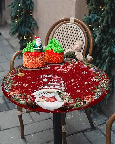 Vista 35 de Mantel redondo ajustable de Navidad para mesa redonda, mantel rojo floral de Navidad, mantel impermeable con borde elástico, mantel circular rojo