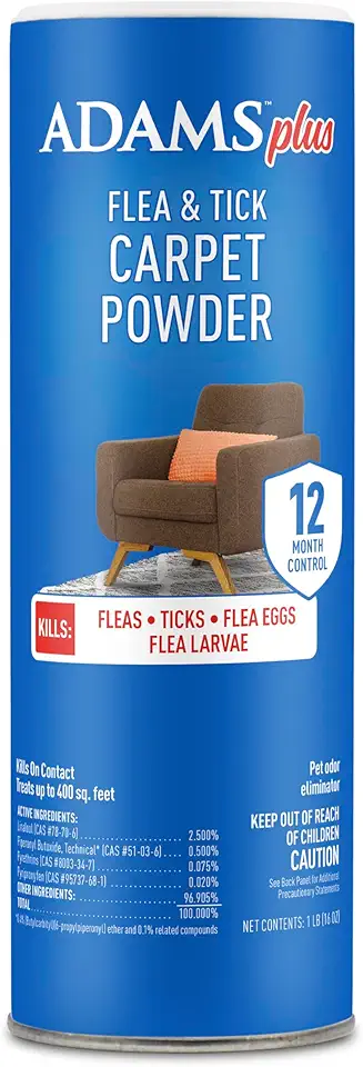ADAMS Plus Flea &amp; Tick Carpet Powder, Kills Fleas and Ticks On Contact, Kills All Stages of The Flea Life Cycle, 30 Day Protection, Freshens and Deodorizes, Treats Up to 400 Square Feet, 16 Ounces