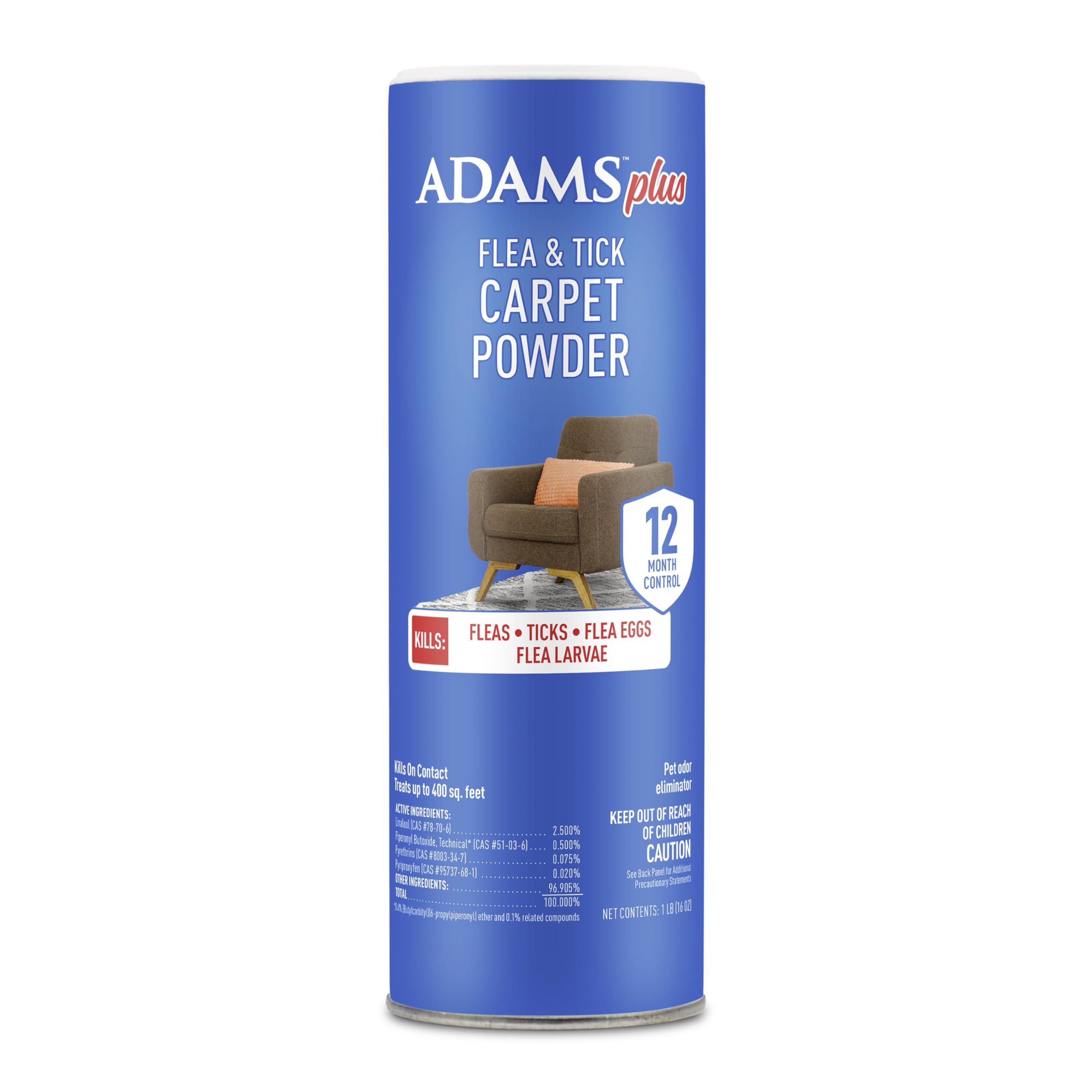 ADAMS Plus Flea & Tick Carpet Powder, Kills Fleas and Ticks On Contact, Kills All Stages of The Flea Life Cycle, 30 Day Protection, Freshens and Deodorizes, Treats Up to 400 Square Feet, 16 Ounces