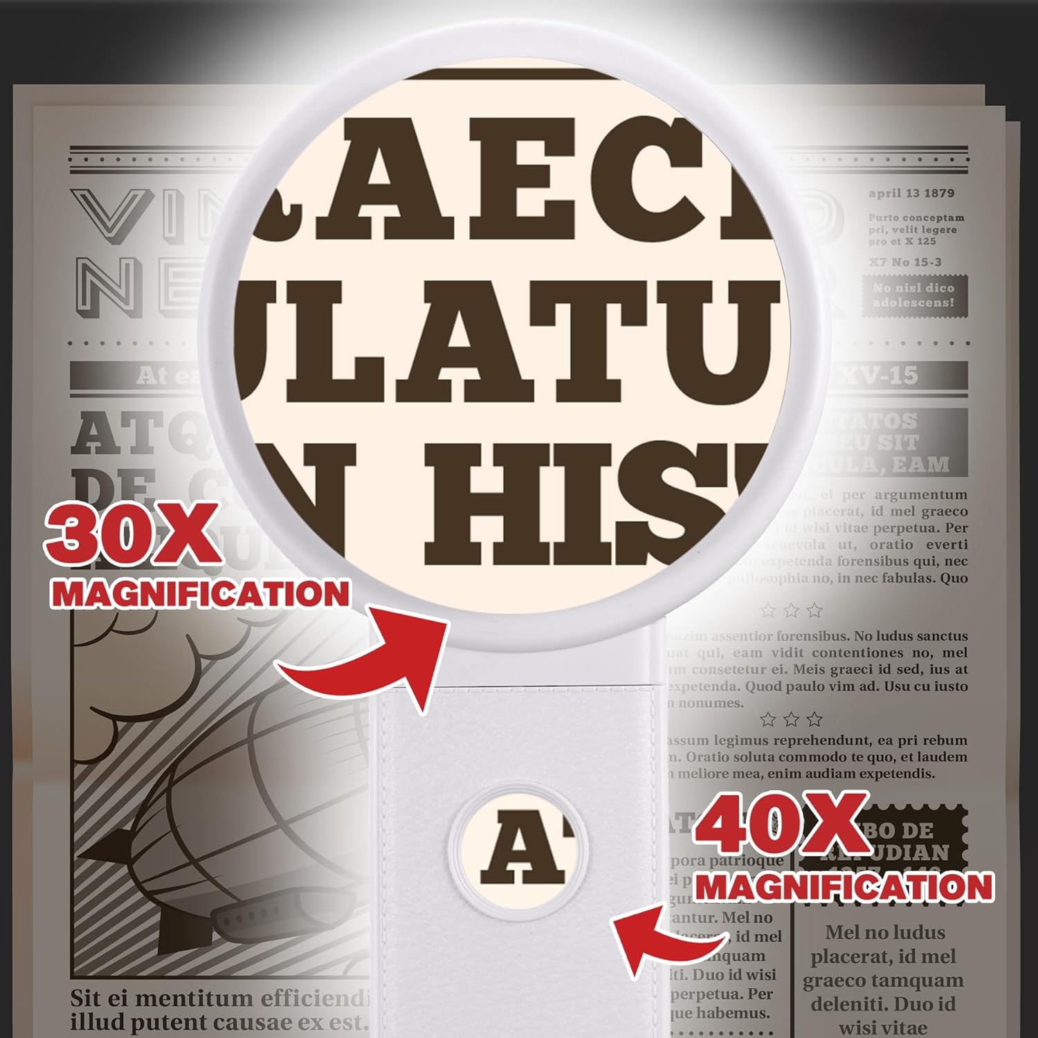 Image demonstrating 30X magnification on a newspaper text using the main lens, and 40X magnification on a smaller detail using the integrated small lens on the handle.