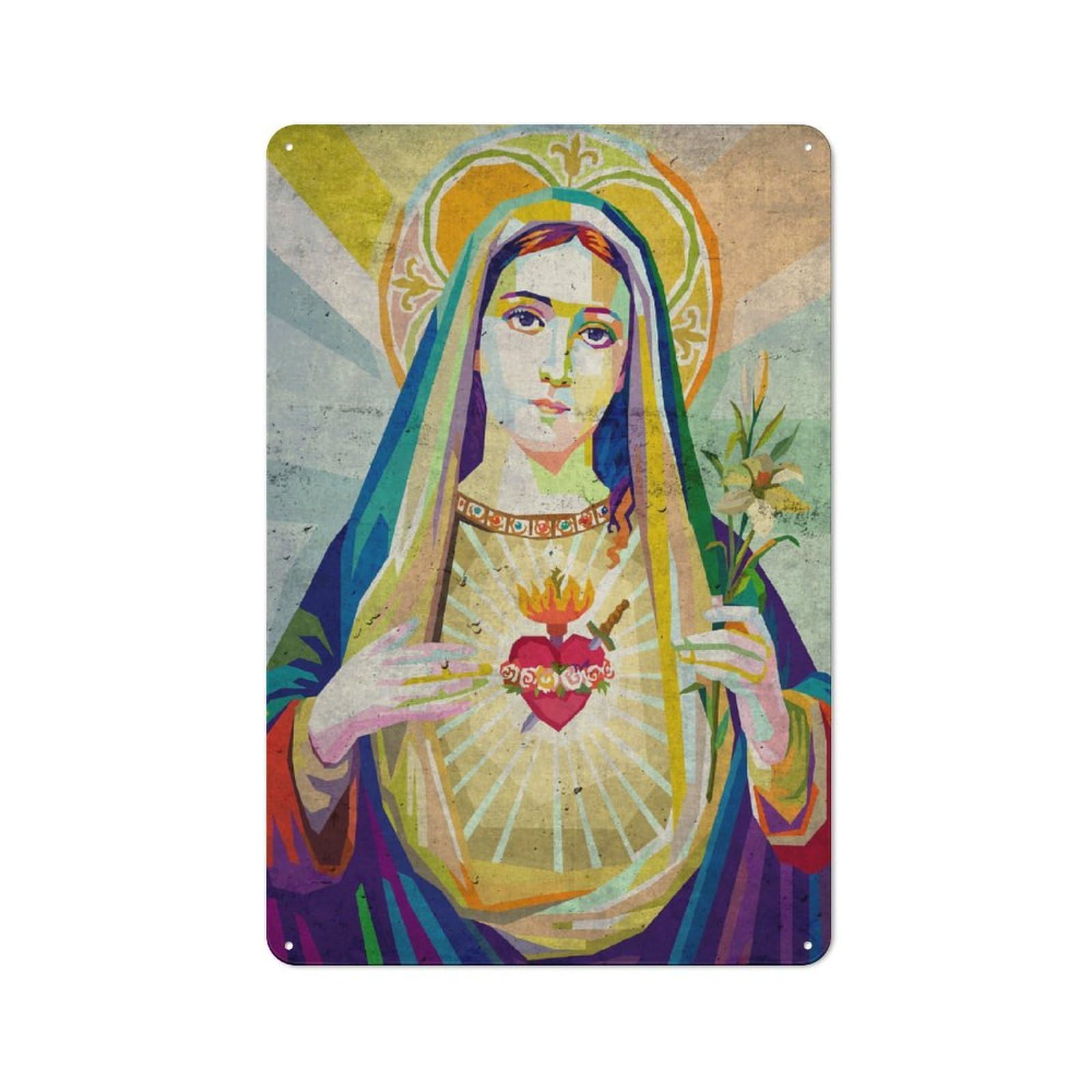 The Virgin Mary Tin Wall Plaque 30x20cm, Rustic Farmhouse Wall Decor for Dining Room, Cafe, Entryway Or Family Room