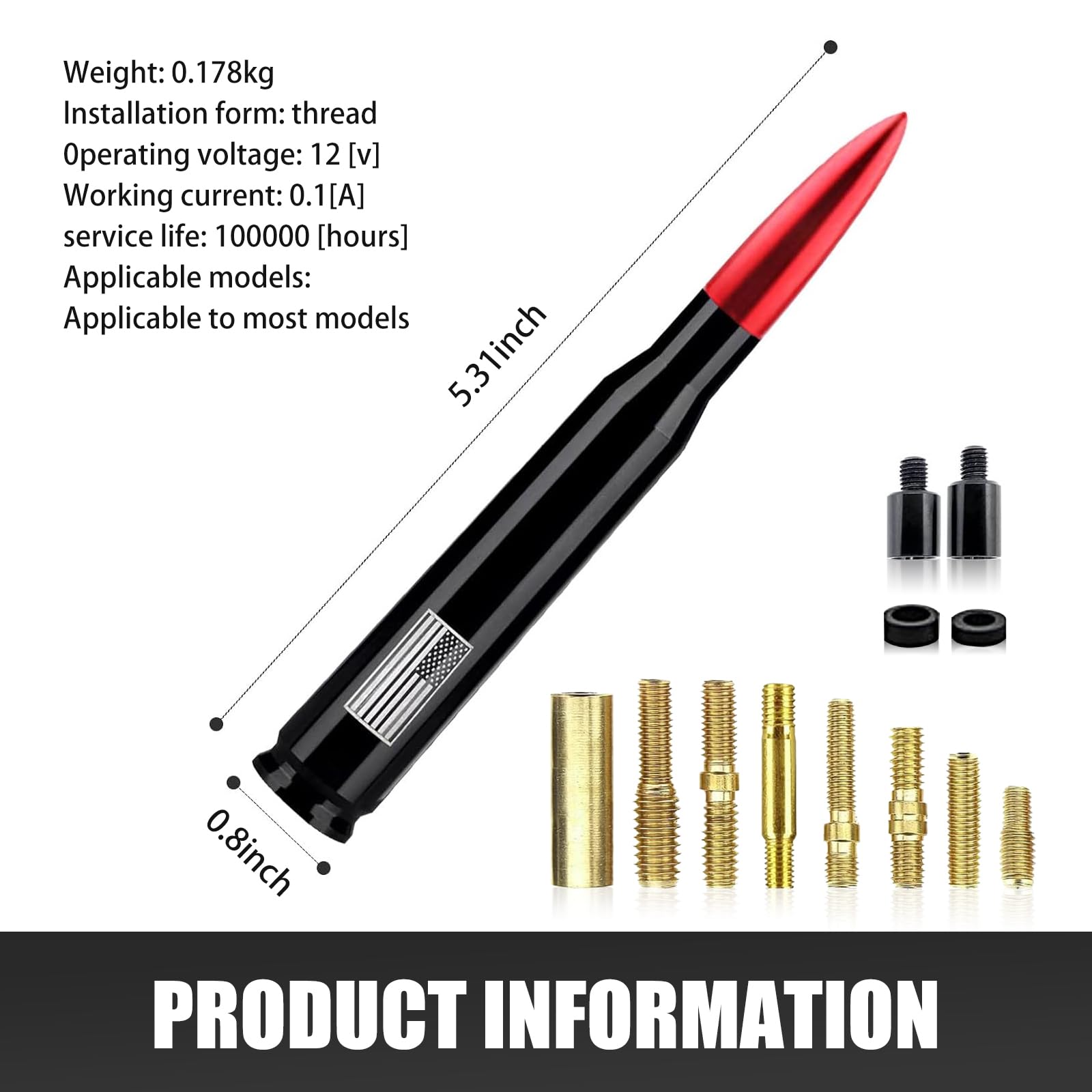 nodteem 1 PC Car American Flag Printed Bullet Antenna, Patriotic Element Signal Stable Decorative Receiving Equipment, Modified Accessory, Compatible with Ford F150 Wrangler Jeep Chevrolet (Red)