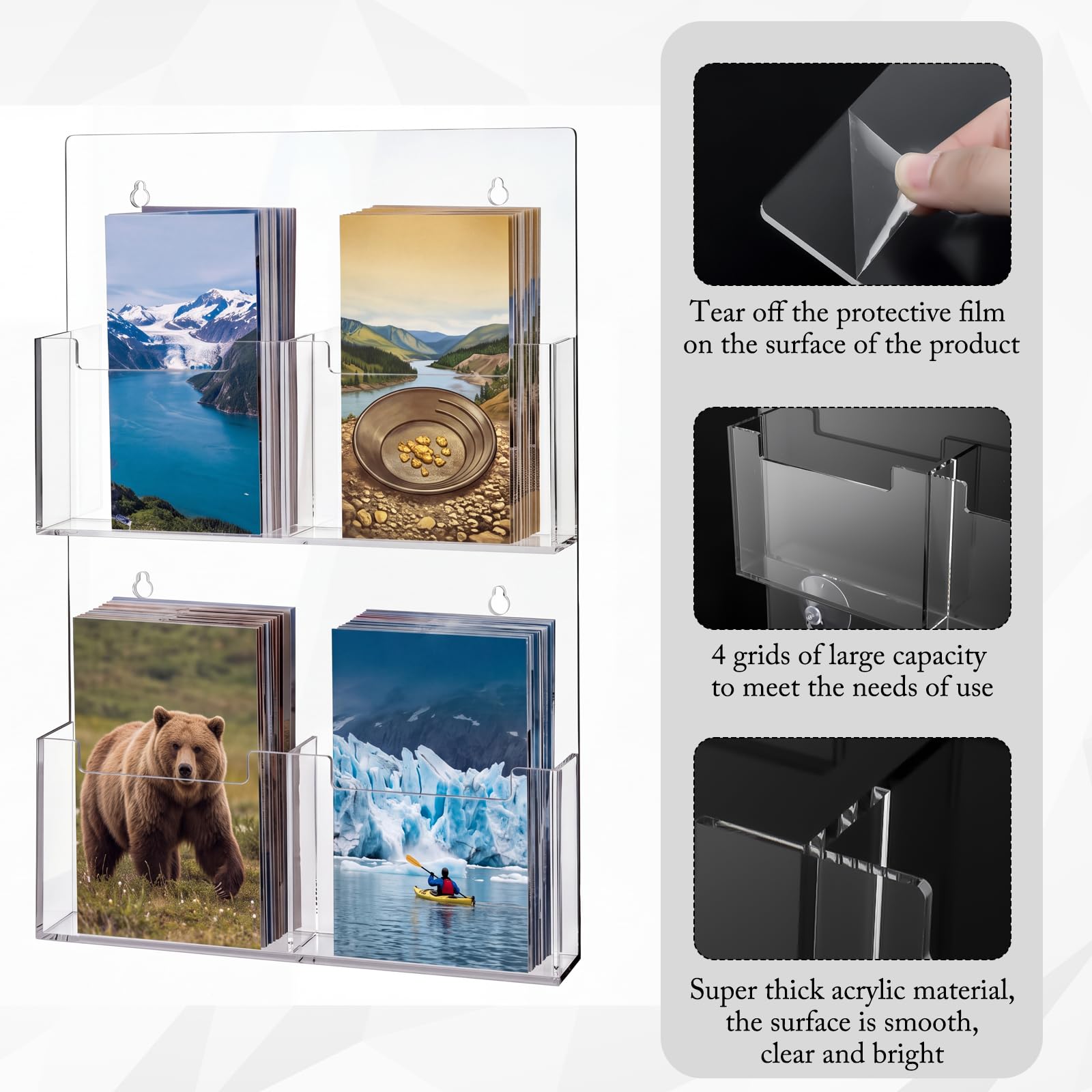 Barydat Soporte acrílico para folletos de 4 bolsillos, soporte de pared de 9.4 x 6.5 pulgadas, soporte transparente para folletos, soporte de exhibición de revistas, organizador de pared para anuncios