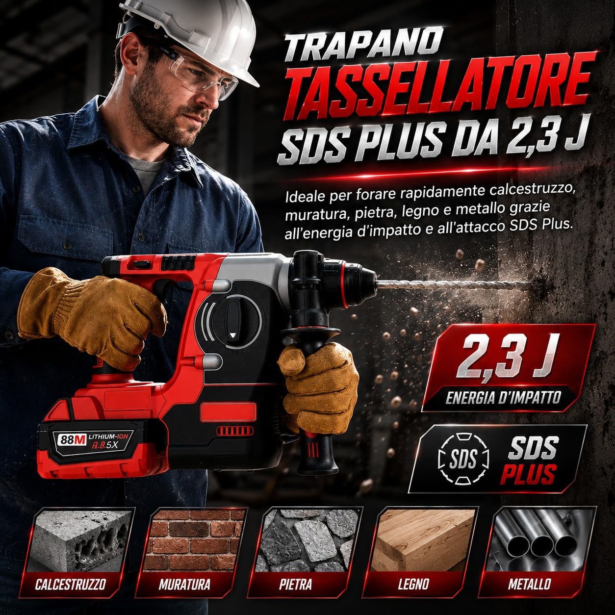 Trapano Tassellatore a Percussione SDS PLUS M88 con Motore Brushless 2 Batterie 5Ah 2.3J 0-1200 RPM 3200 BPM Luce LED Martello Perforatore