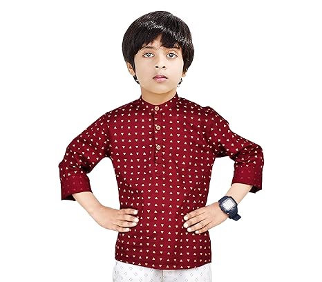 Made In The Shade 100% Cotton Full Sleeve Golden & Maroon Printed Casual Short Kurta