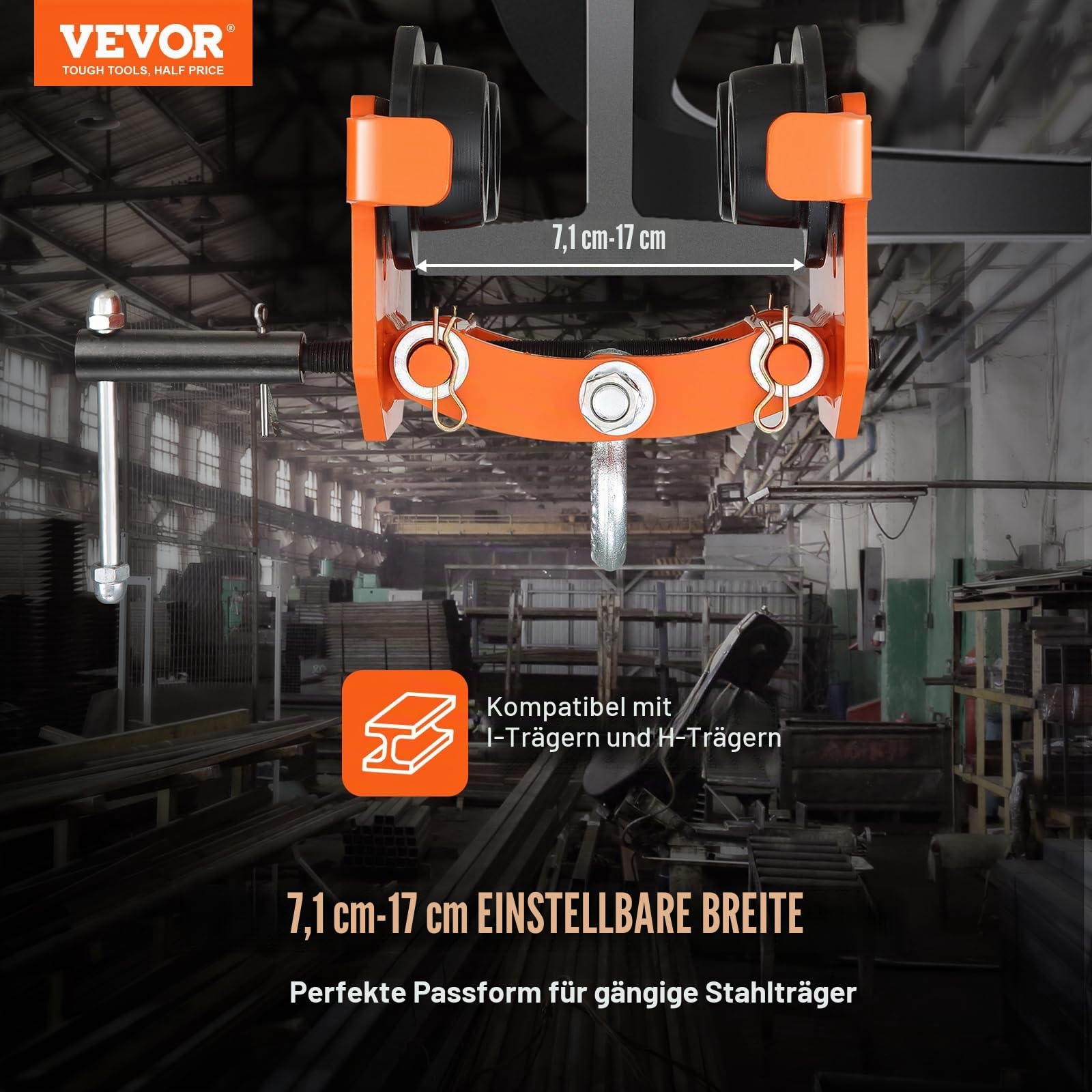 VEVOR Laufkatze 2Tonnen Tragfähigkeit Hallenkran 71–170,2mm Einstellbare Breite Kran 360x260x240mm Rollfahrwerk Doppelrad-Design Handfahrwerk für I- und H-Trägern Hallenkran Ladekran