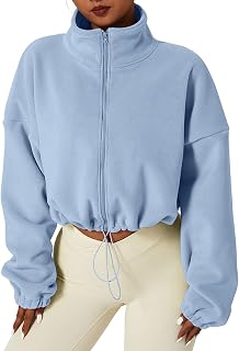 Christmas Sweatshirt Hoodies for Women UK Women's Fleece Sweatshirt Full Zip Oversized Fleece Crop Jacket Winter Long Sleeve Stand Collar Workout Coat Windbreaker Fun Jacket