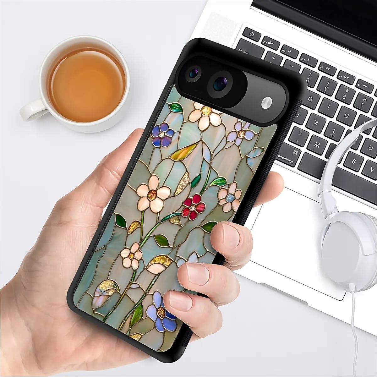 Compatible with Google Pixel 9/9 Pro Case,Flexible Shock-Absorbing Silicone TPU and Silicone Non-Slip for Google Pixel 9/9 Pro Spring Floral Flower Stained Glass Mosaic Boho Botanical Pattern image 3