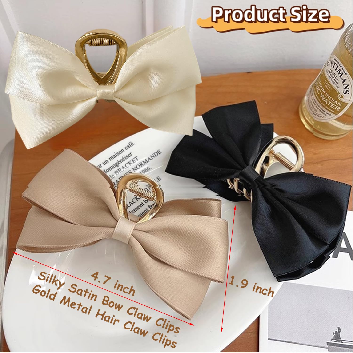 Paquete de 3 pinzas de satén para mujer, pinzas grandes de metal dorado de 4.7 pulgadas con lazo grande, accesorios para el cabello grueso y fino para mujeres y niñas