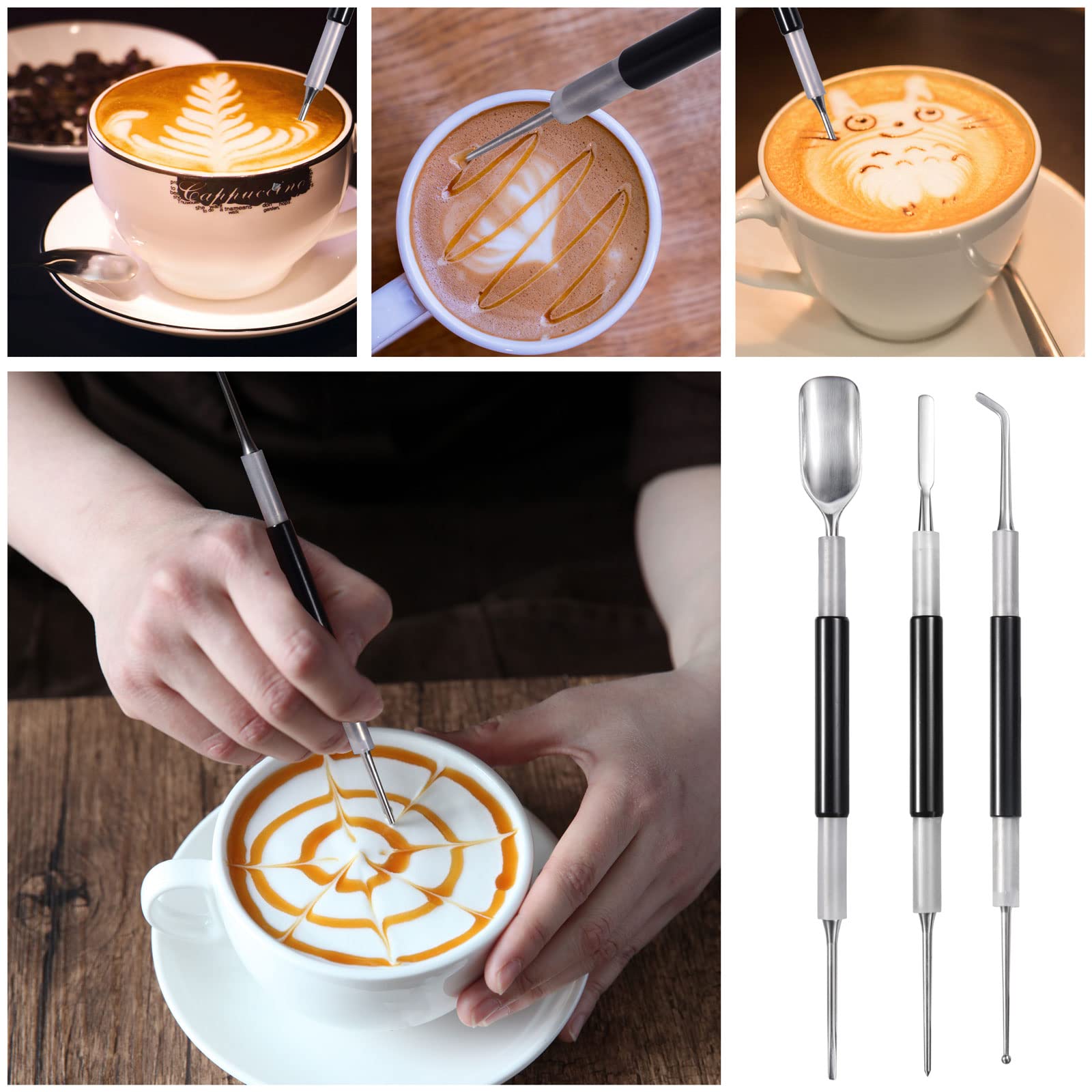 SANTOW Lot de 3 outils pour latte art, cappuccino et expresso, expresso, cuillère et lance, spatule, pointe, bouton et crochet