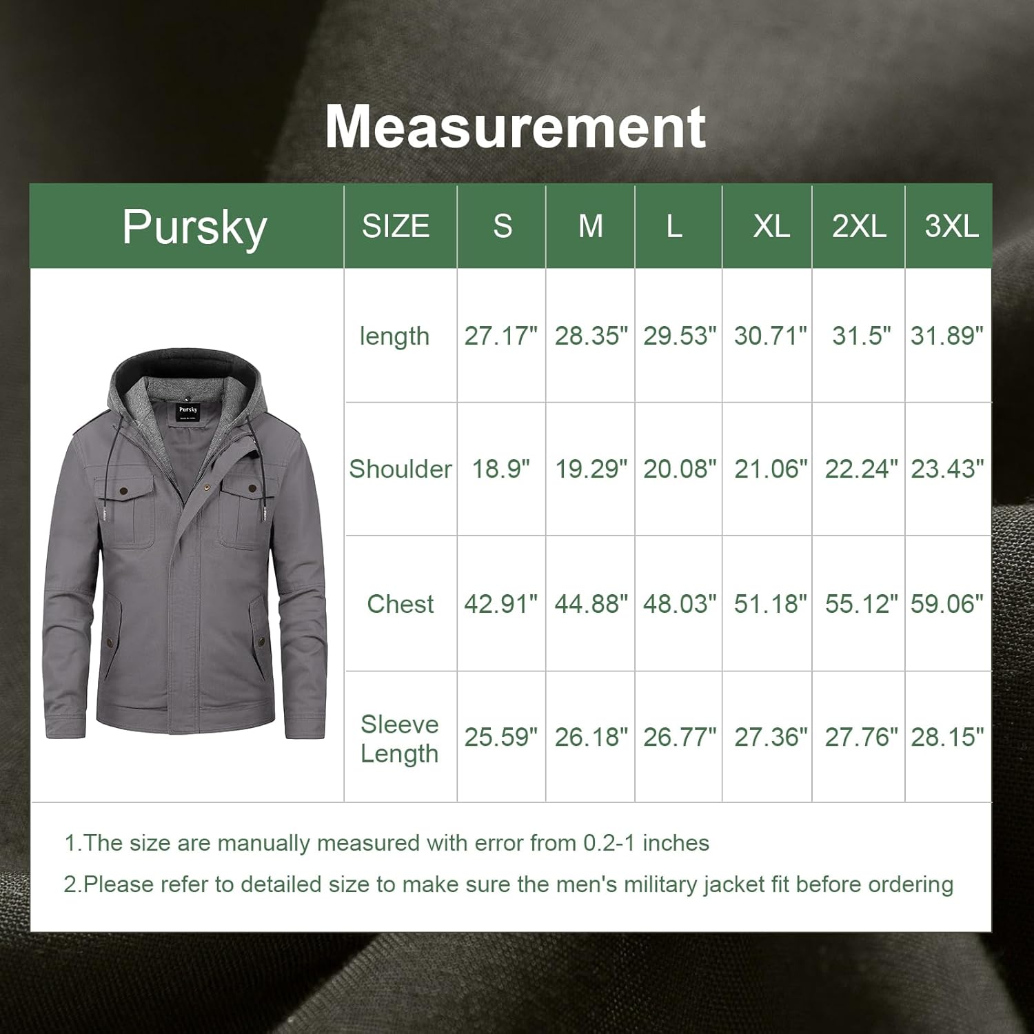 Pursky Men's Military Jacket Casual Washed Cotton Hooded Canvas Coat Fall Coat - Image 7