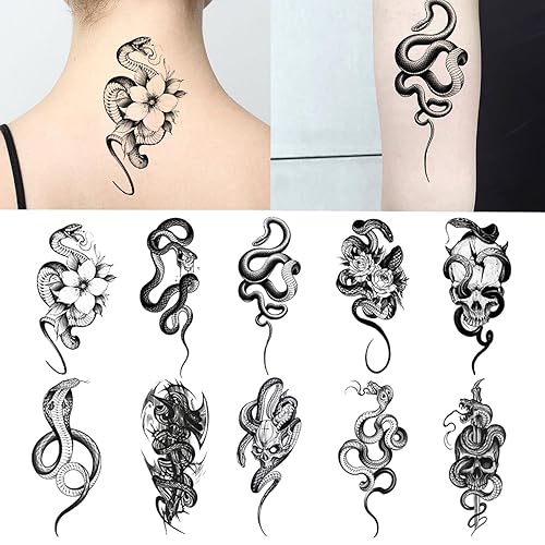Miniatura 4 de 10 hojas de tatuajes temporales realistas de serpiente floral negro para mujeres, hombres, adultos, antebrazo, brazo, cuello, cintura, pierna, arte