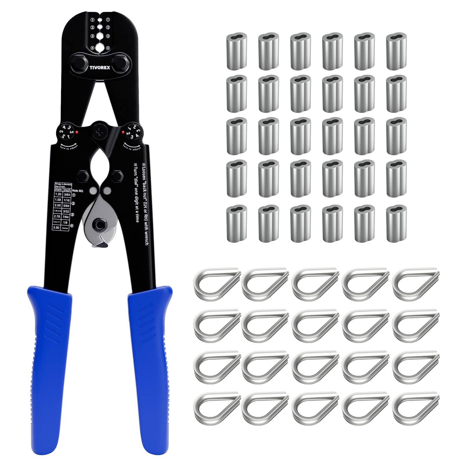 Tivorex Wire Rope Crimping Tool Kit, Built-in Cutter Swaging Tool, Crimping Loop sleeve from 3/64-inch to 1/8-inch, for Aluminum Oval Sleeves, Double